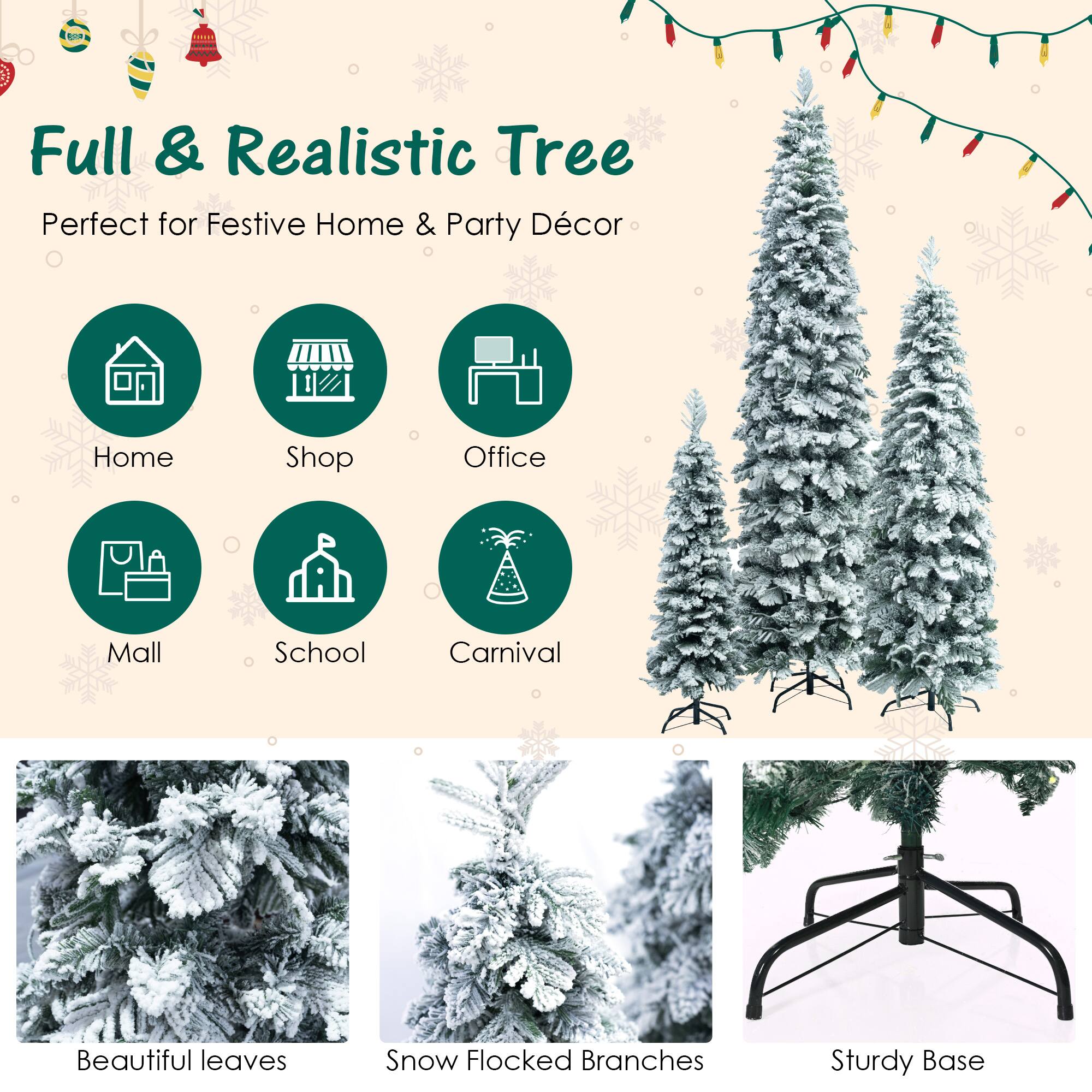 Full & Realistic Tree  
Perfect for Festive Home & Party Décor  

Home  
Shop  
Office  
Mall  
School  
Carnival  

Beautiful leaves  
Snow Flocked Branches  
Sturdy Base