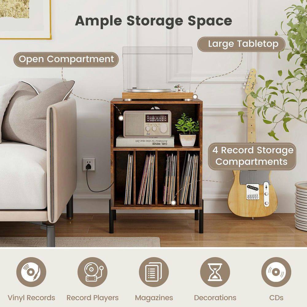 Ample Storage Space  
Large Tabletop  
Open Compartment  
4 Record Storage Compartments  

Vinyl Records  
Record Players  
Magazines  
Decorations  
CDs