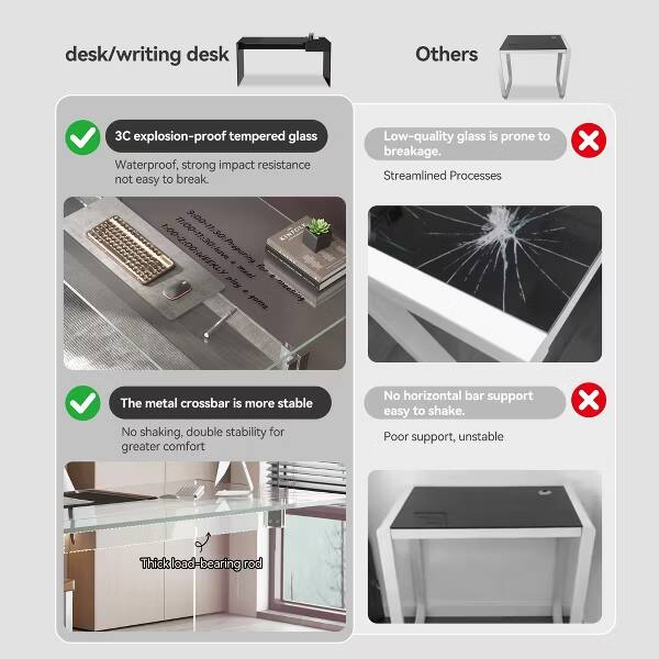 desk/writing desk  
Others  

3C explosion-proof tempered glass  
Waterproof, strong impact resistance not easy to break.  

The metal crossbar is more stable  
No shaking, double stability for greater comfort  

Low-quality glass is prone to breakage.  
Streamlined Processes  

No horizontal bar support easy to shake.  
Poor support, unstable  

Thick load-bearing rod