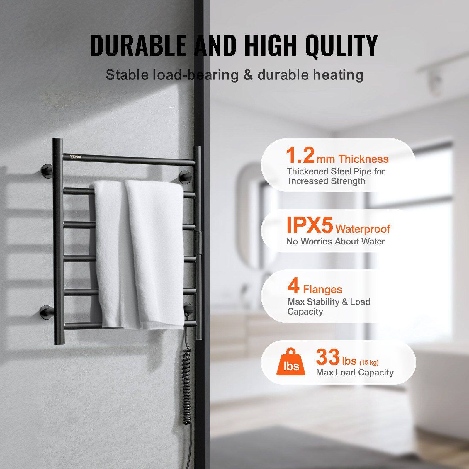 DURABLE AND HIGH QUALITY  
Stable load-bearing & durable heating  

1.2 mm Thickness  
Thickened Steel Pipe for Increased Strength  

IPX5 Waterproof  
No Worries About Water  

4 Flanges  
Max Stability & Load Capacity  

33 lbs (15 kg)  
Max Load Capacity