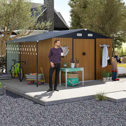 Front. Anysun - 10x12ft Metal Storage Shed with Lockable Doors, Windows & Sliding Door with Ramp, Dual-Zone Design for Backyard or Patio - Yellow.