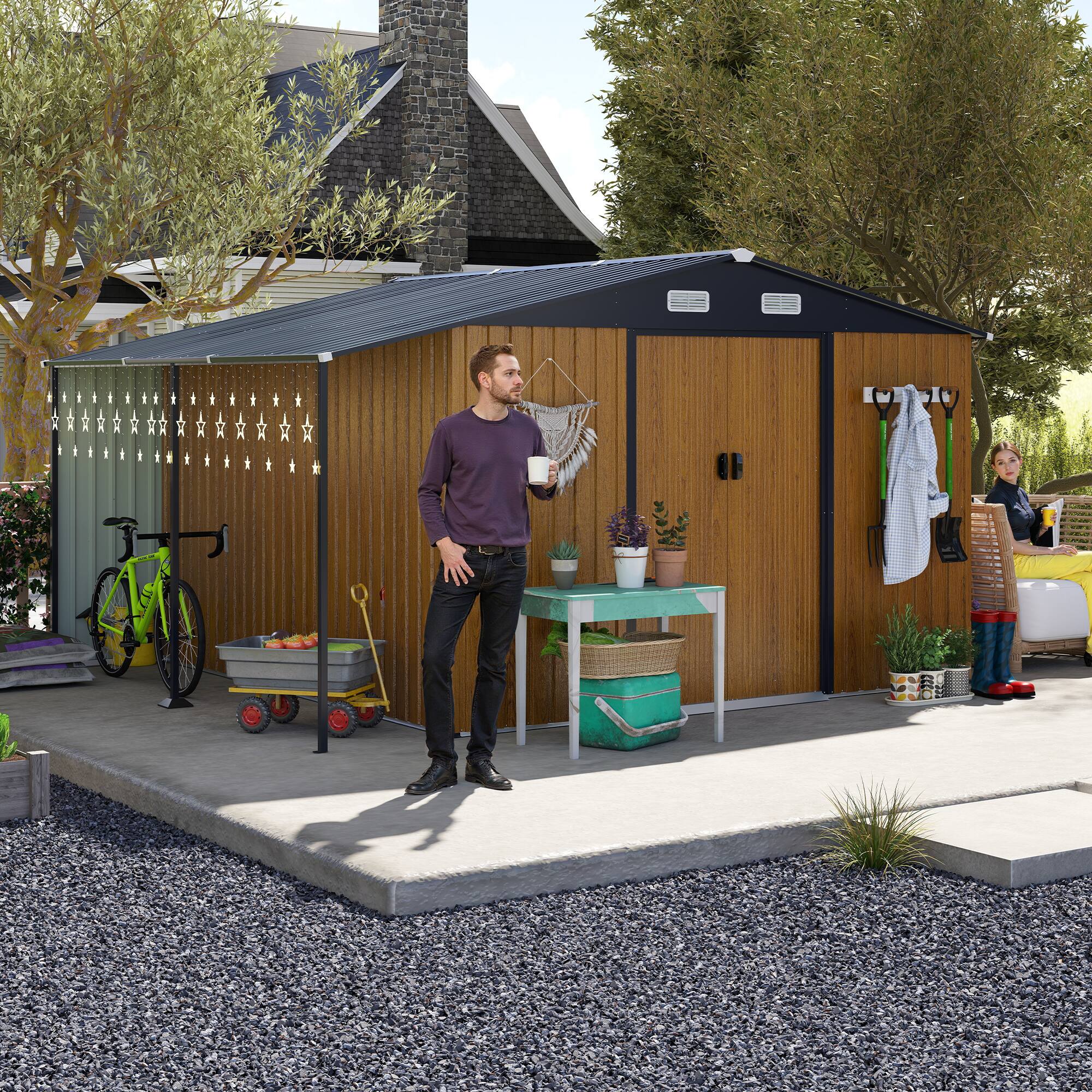 Angle. Mondawe - 10x12 Ft Outdoor Storage Shed with Dual-Zone Design for Tools and Firewood and Window - Yellow.