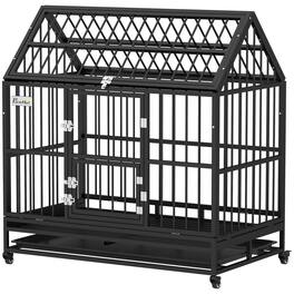 Pawhut - Heavy Duty Dog Crate with 4 Lockable Wheels, Double Doors, and Removable Tray
