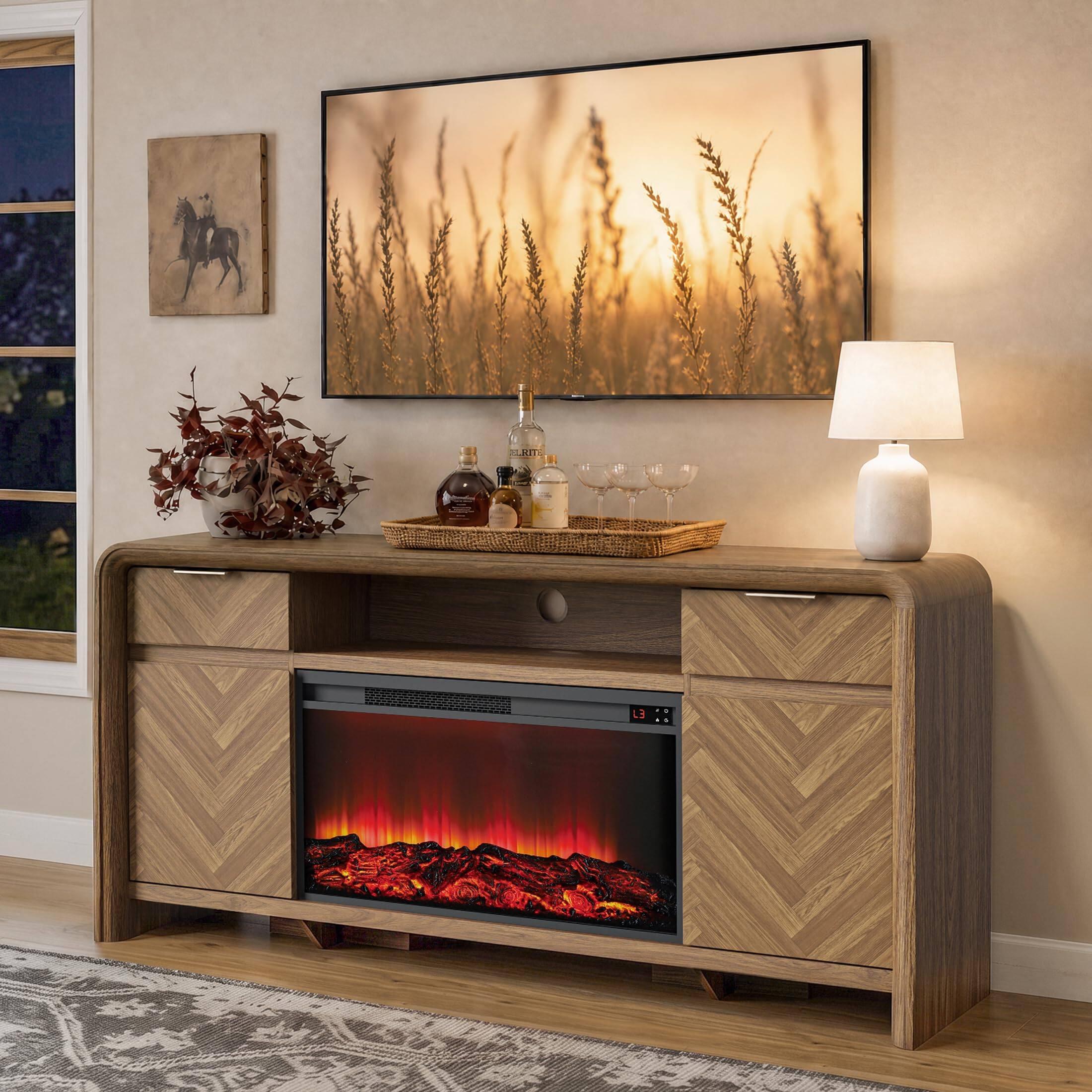 Alt View 8. paproos - 63" Fireplace TV Stand with 30" LED Electric Fireplace, Entertainment Center Fits TVs up to 70" for Living Room - Walnut.