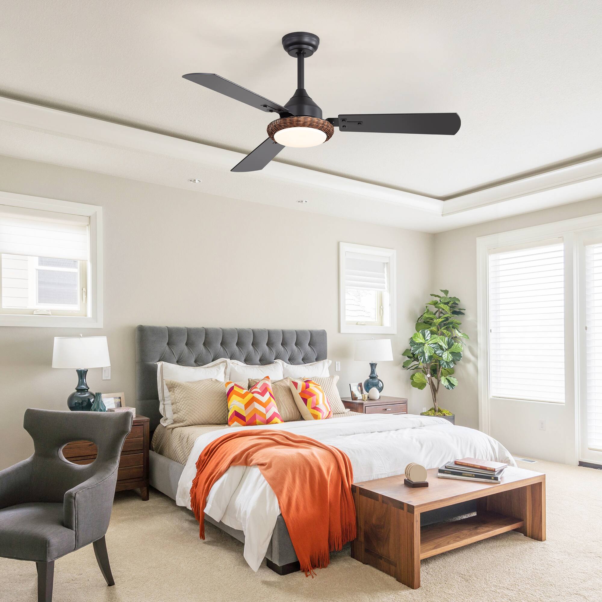 Alt View 6. Breezary - Breezary 48'' Ceiling Fan with 3-Color Light, 3 Dual-Finish Plywood Blades, DC Motor, 6-Speed Remote with Timer & Memory - Matte Black and Dark Wood Grain.