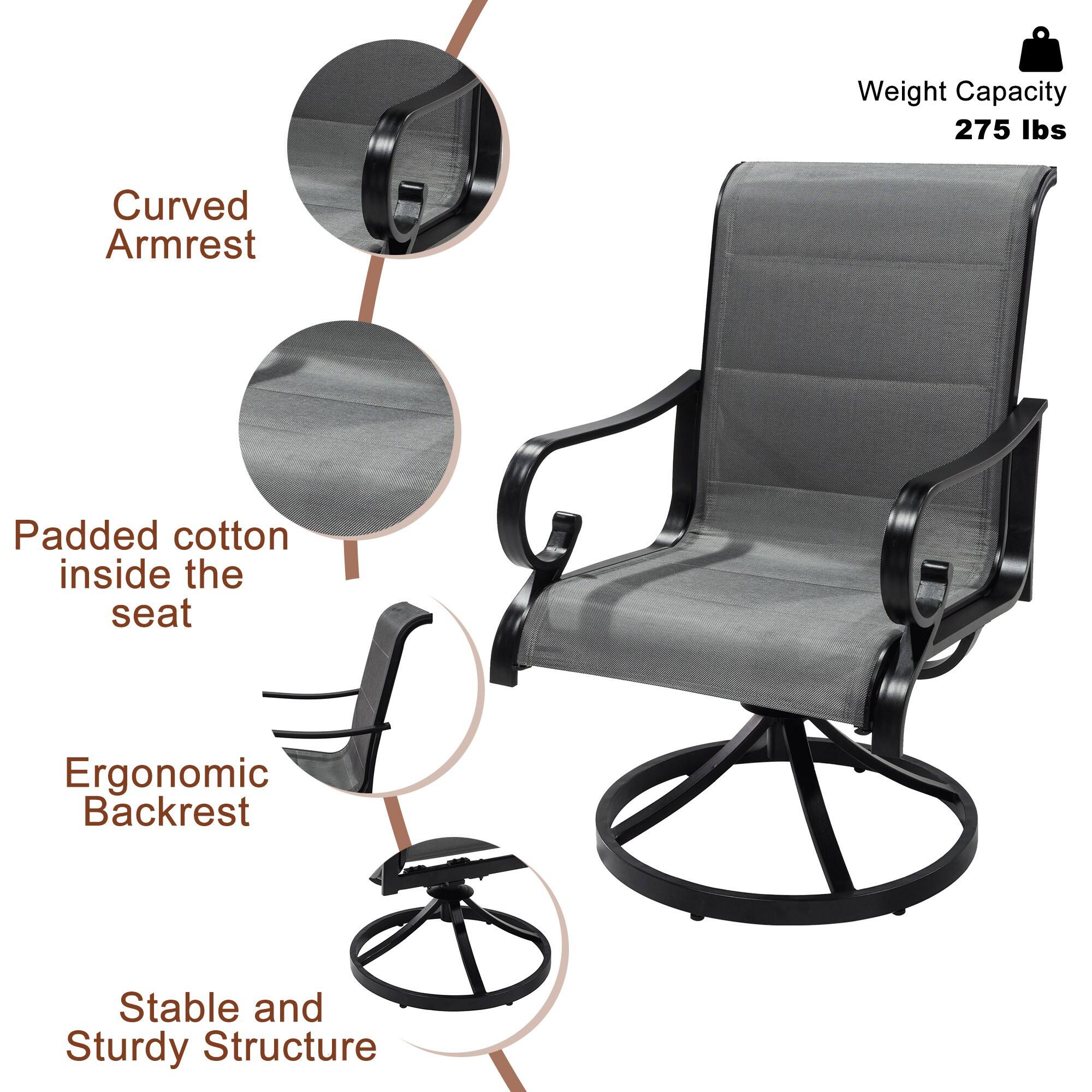 Weight Capacity: 275 lbs  
Curved Armrest  
Padded cotton inside the seat  
Ergonomic Backrest  
Stable and Sturdy Structure