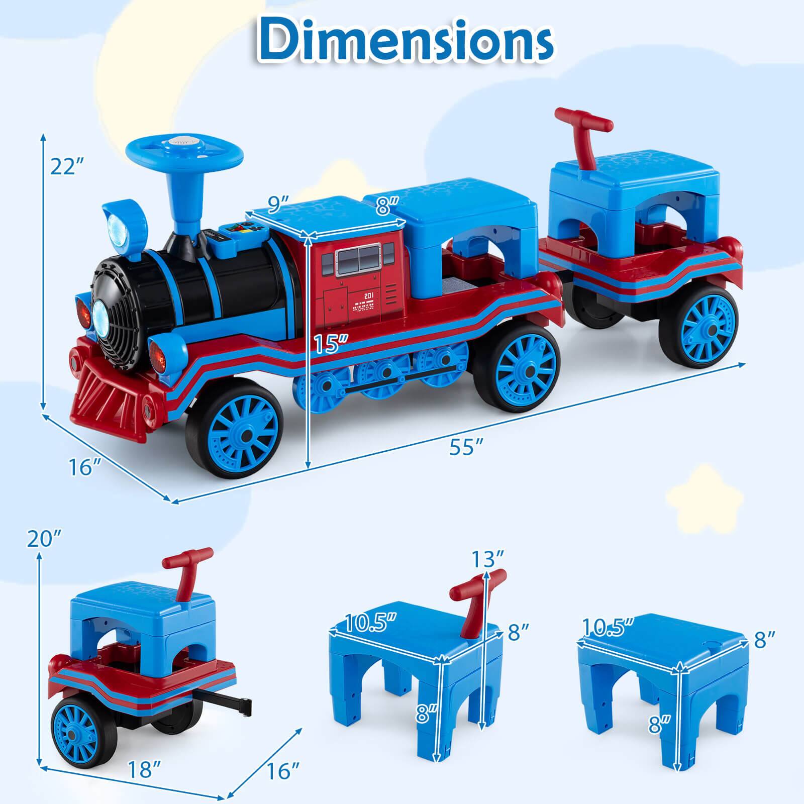 Dimensions

- Train: 55" (length) x 22" (height) x 16" (width)
- Seat: 18" (length) x 16" (width)
- Table: 13" (length) x 10.5" (width) x 8" (height)
- Stool: 10.5" (length) x 8" (width) x 8" (height)