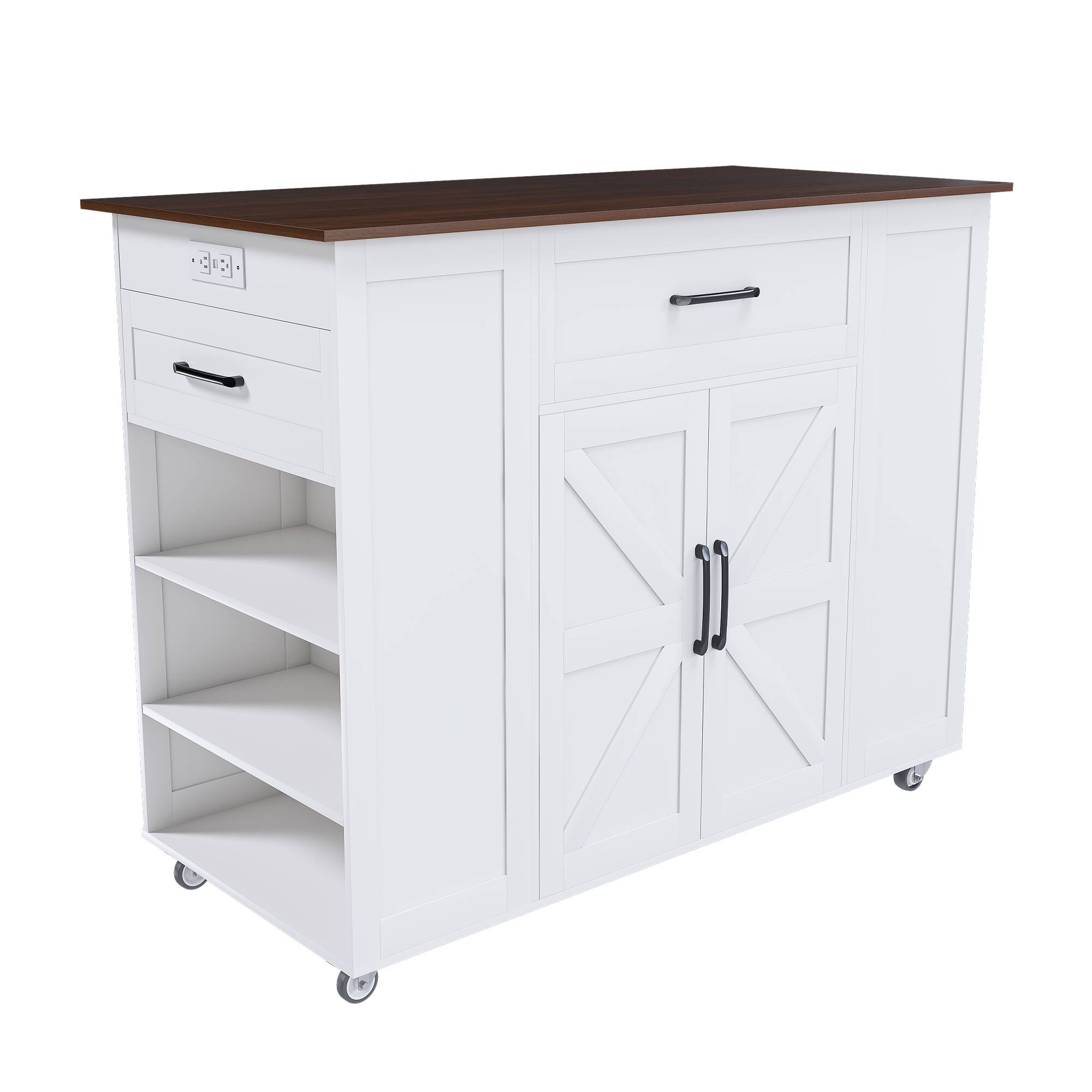 Angle. Spaco - Spaco 46" Kitchen Island on Casters featuring Storage, AC Outlet, Timber Top, Adjustable Shelf for Dining Room - White+Walnut.