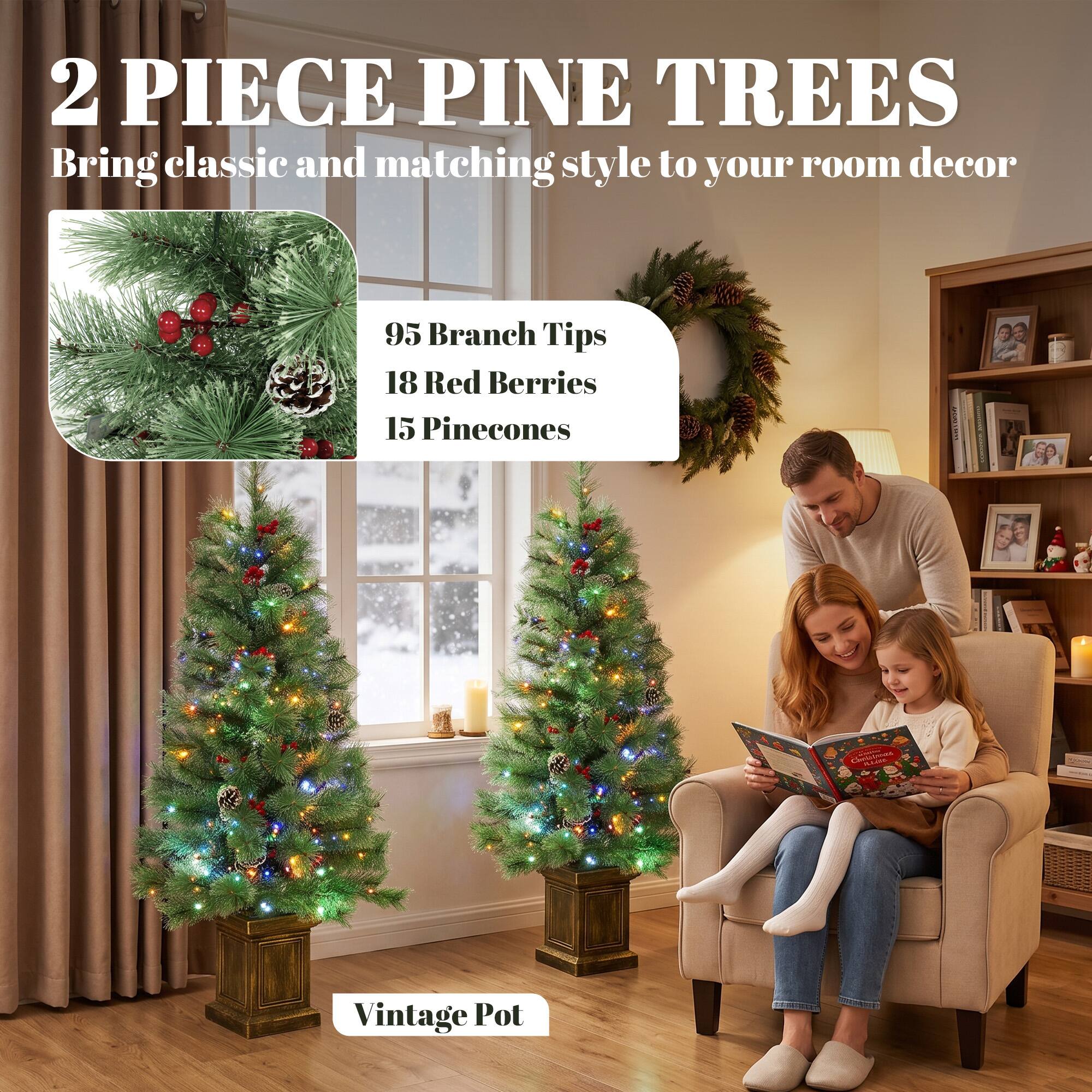 2 PIECE PINE TREES  
Bring classic and matching style to your room decor

95 Branch Tips  
18 Red Berries  
15 Pinecones

Vintage Pot