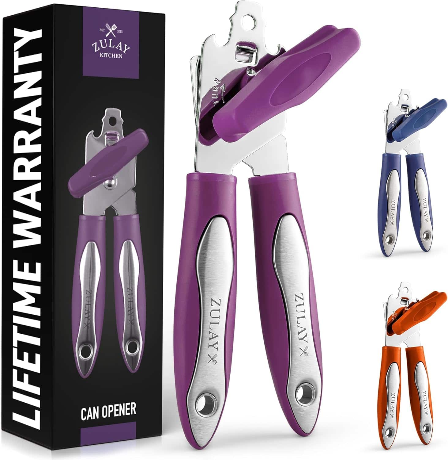 Zulay Kitchen - Can Opener Handheld - Durable Manual Can Opener Smooth Edge Cut Stainless Steel Blades - Plum