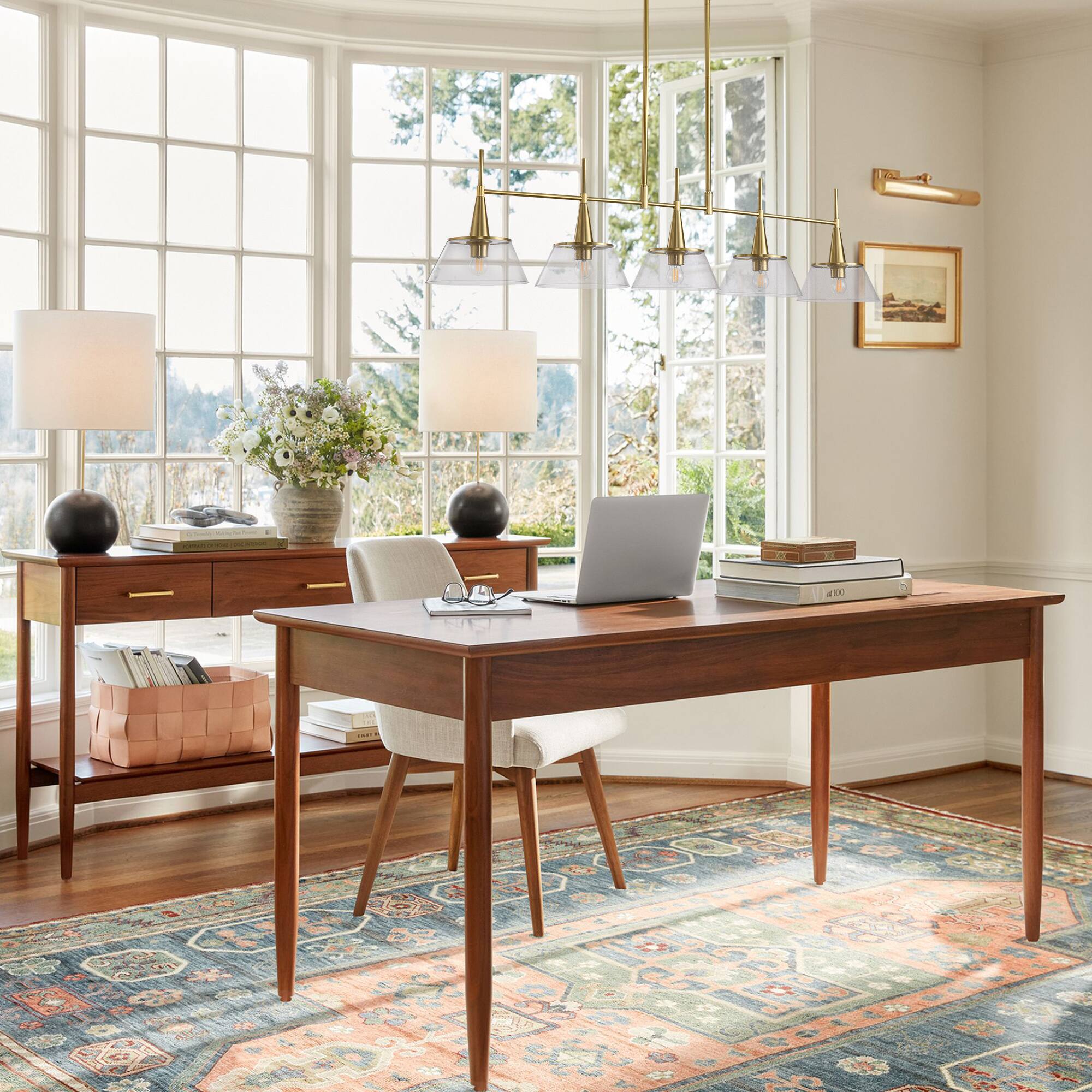 Alt View 2. RYHNUYNE - 5-Light Brass Kitchen Island Pendant 59 Inch Large Linear Chandelier with Clear Seed Glass Shades Adjustable Hanging.