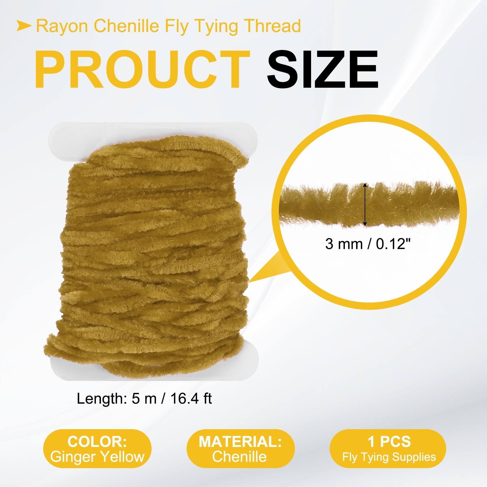 Rayon Chenille Fly Tying Thread

PRODUCT SIZE

3 mm / 0.12"

Length: 5 m / 16.4 ft

COLOR: Ginger Yellow

MATERIAL: Chenille

1 PCS Fly Tying Supplies