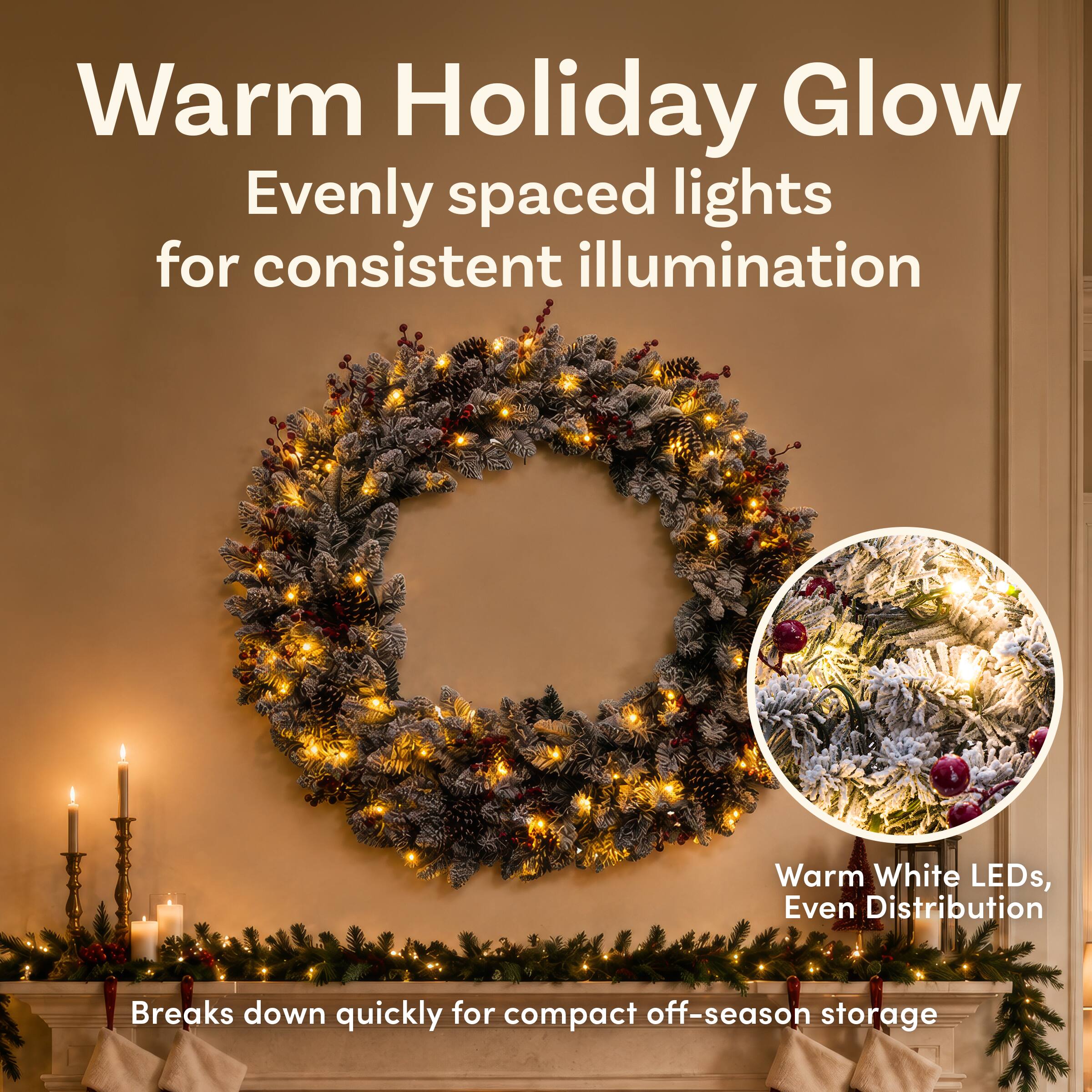 Warm Holiday Glow  
Evenly spaced lights for consistent illumination  

Warm White LEDs, Even Distribution  

Breaks down quickly for compact off-season storage