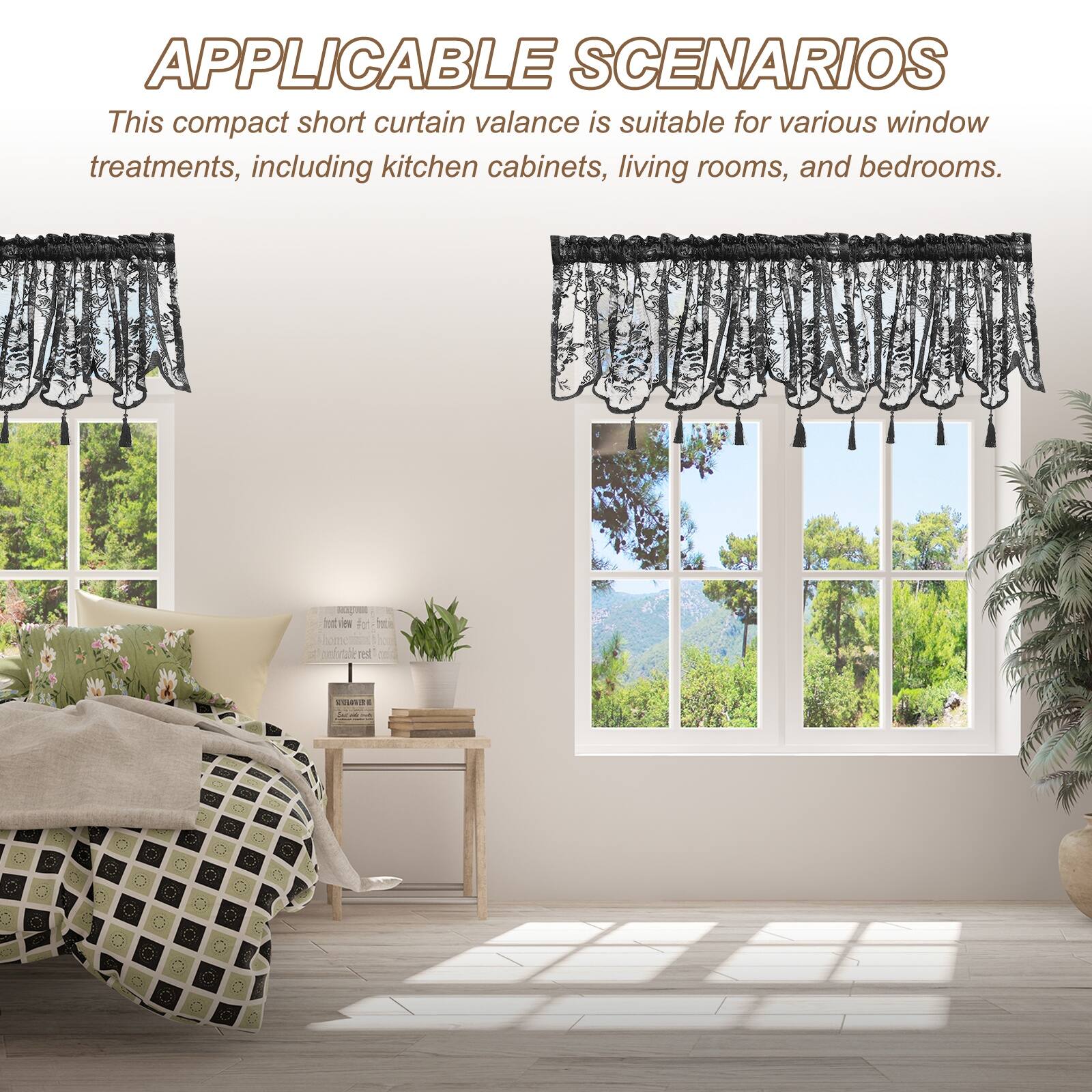 APPLICABLE SCENARIOS

This compact short curtain valance is suitable for various window treatments, including kitchen cabinets, living rooms, and bedrooms.