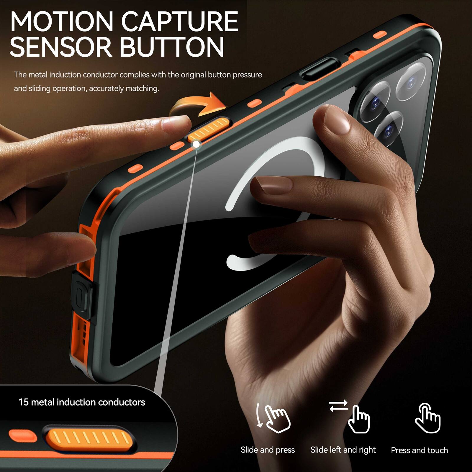 MOTION CAPTURE SENSOR BUTTON

The metal induction conductor complies with the original button pressure and sliding operation, accurately matching.

15 metal induction conductors

Slide and press

Slide left and right

Press and touch
