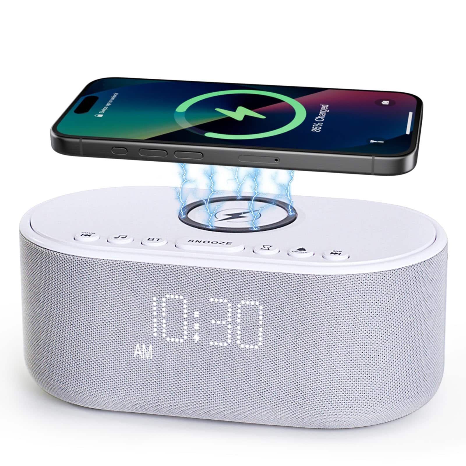 Dazzed Corner - Sound Machine Alarm Clock, Bluetooth Speaker with Wireless Charging - Light Gray