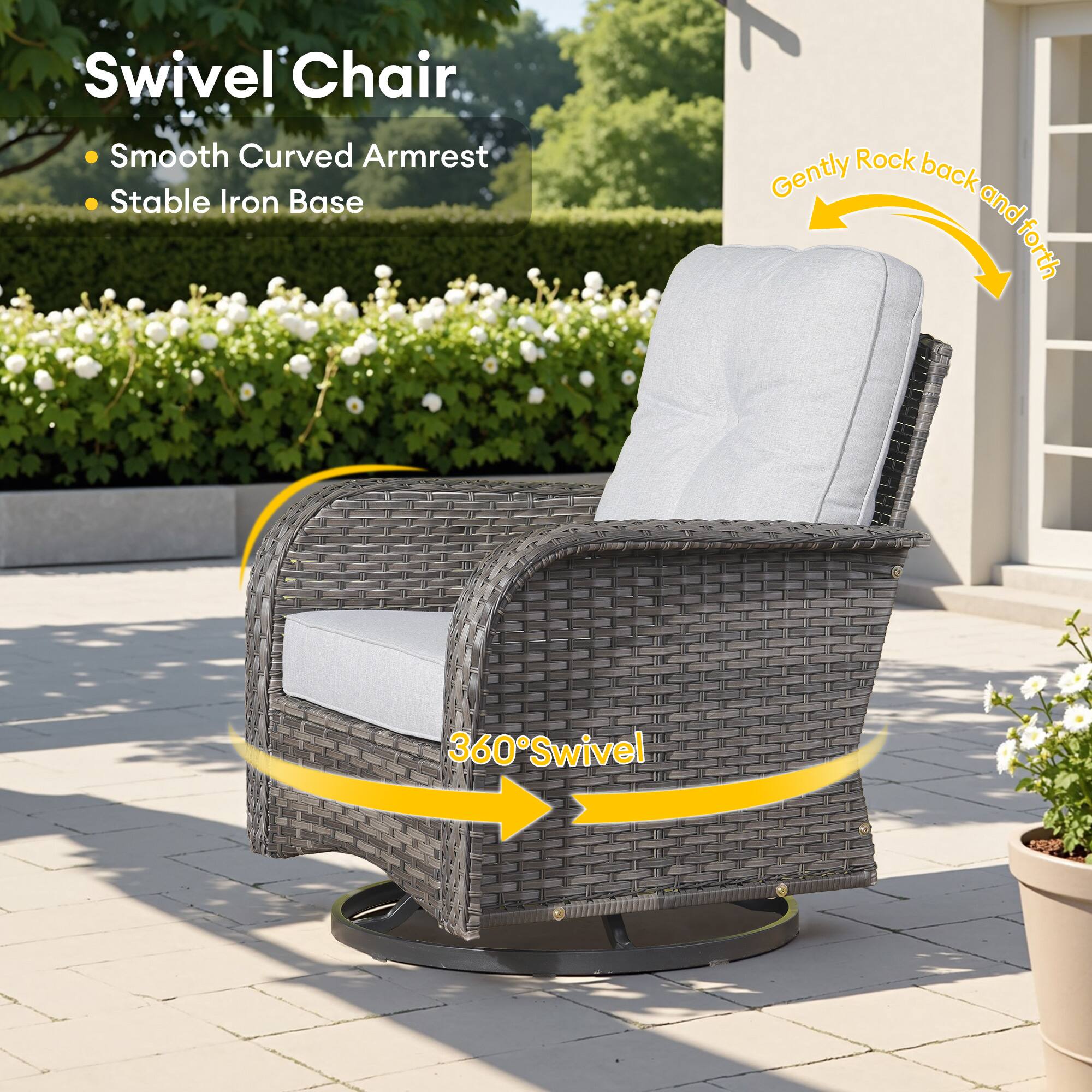 Swivel Chair  
- Smooth Curved Armrest  
- Stable Iron Base  

Gently Rock back and forth  
360° Swivel