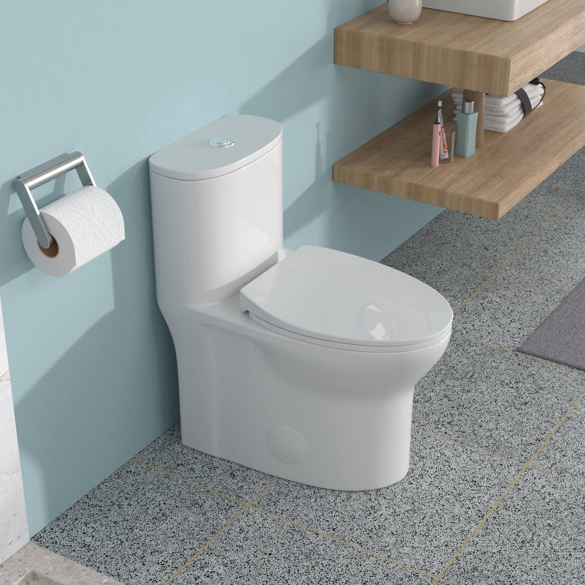 Back. TinyHomie - Ceramic One Piece Toilet for Bathroom 12 inch Rough In 1116 GPF Dual Flush with Soft Closing Seat Powerful Dual Flush - White.