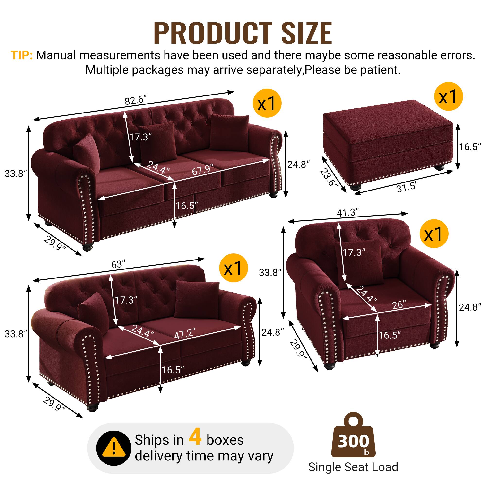 PRODUCT SIZE TIP: Manual measurements have been used and there may be some reasonable errors. Multiple packages may arrive separately, please be patient.  
- 82.6" x 1 x 1  
- 33.8" x 1  
- 29.9" x 1  
- 17.3" x 1  
- 24.4" x 1  
- 67.9" x 1  
- 16.5" x 1  
- 63" x 1  
- 17.3" x 1  
- 24.4" x 1  
- 47.2" x 1  
- 16.5" x 1  
- 24.8" x 1  
- 23.6" x 1  
- 31.5" x 1  
- 41.3" x 1  
- 17.3" x 1  
- 33.8" x 1  
- 24.4" x 1  
- 26" x 1  
- 24.8" x