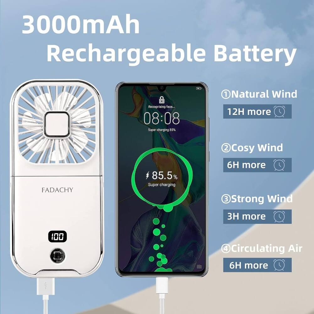 3000mAh Rechargeable Battery

Recognising face
08:08
Super charging 85%
FADACHY

1. Natural Wind
12H more

2. Cosy Wind
6H more

3. Strong Wind
3H more

4. Circulating Air
6H more
