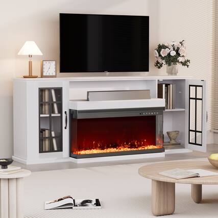 Front. U-HOMY - 70" Electric Fireplace TV Stand with 3-Sided Glass Fireplace, LED Light Entertainment Console - White.