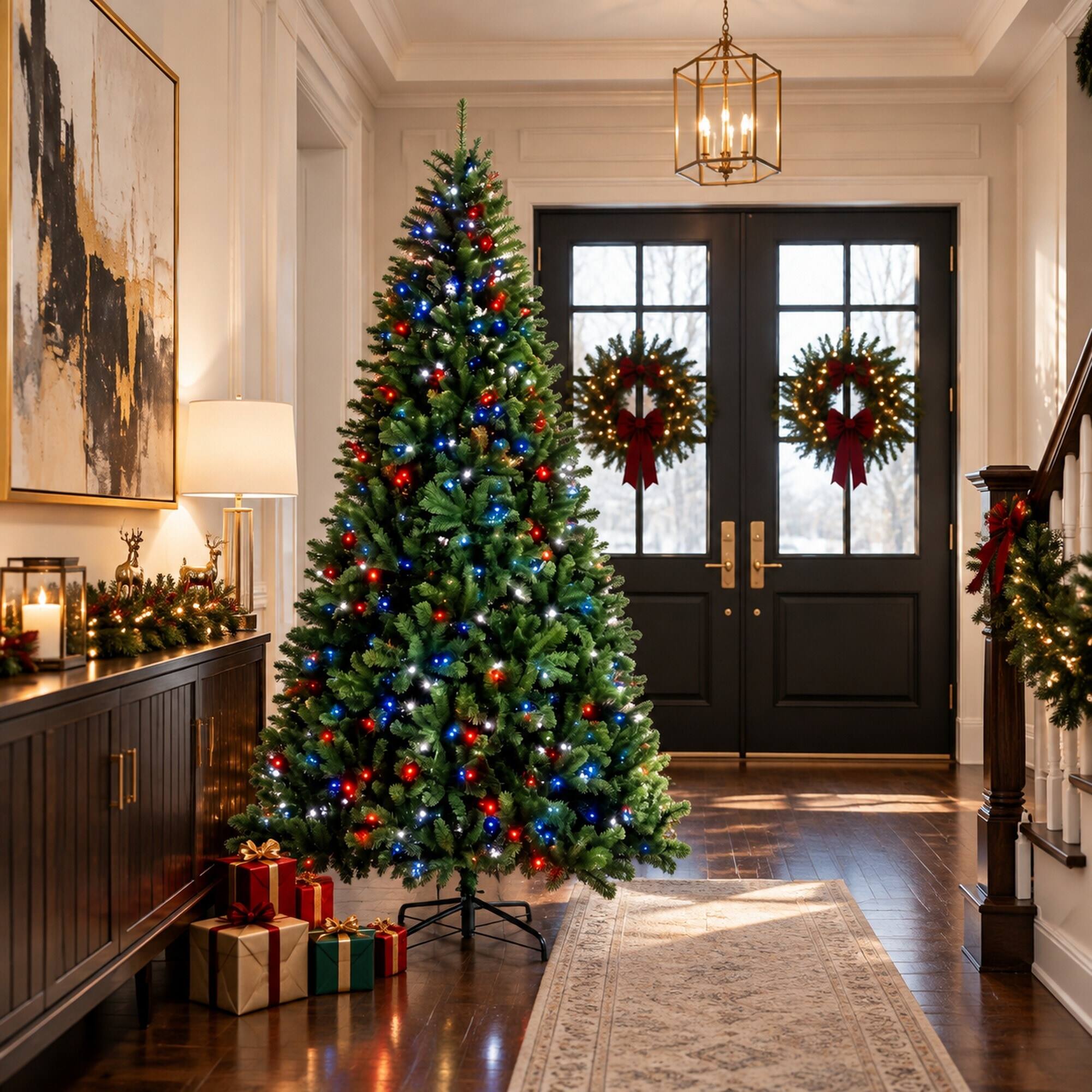 Alt View 2. RYHNUYNE - 9FT Pre-Lit Artificial Christmas Tree With RGB Dynamic LED Lights and Remote, Built-In Timer and Hinged Branches - Green.