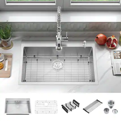 Front. Akicon - Akicon 33 in. Drop-in Single Bowl 20-Gauge Silver Nano-Coated Kitchen Sink with Grid, Strainer, Colander and Rollup Rack - Silver.