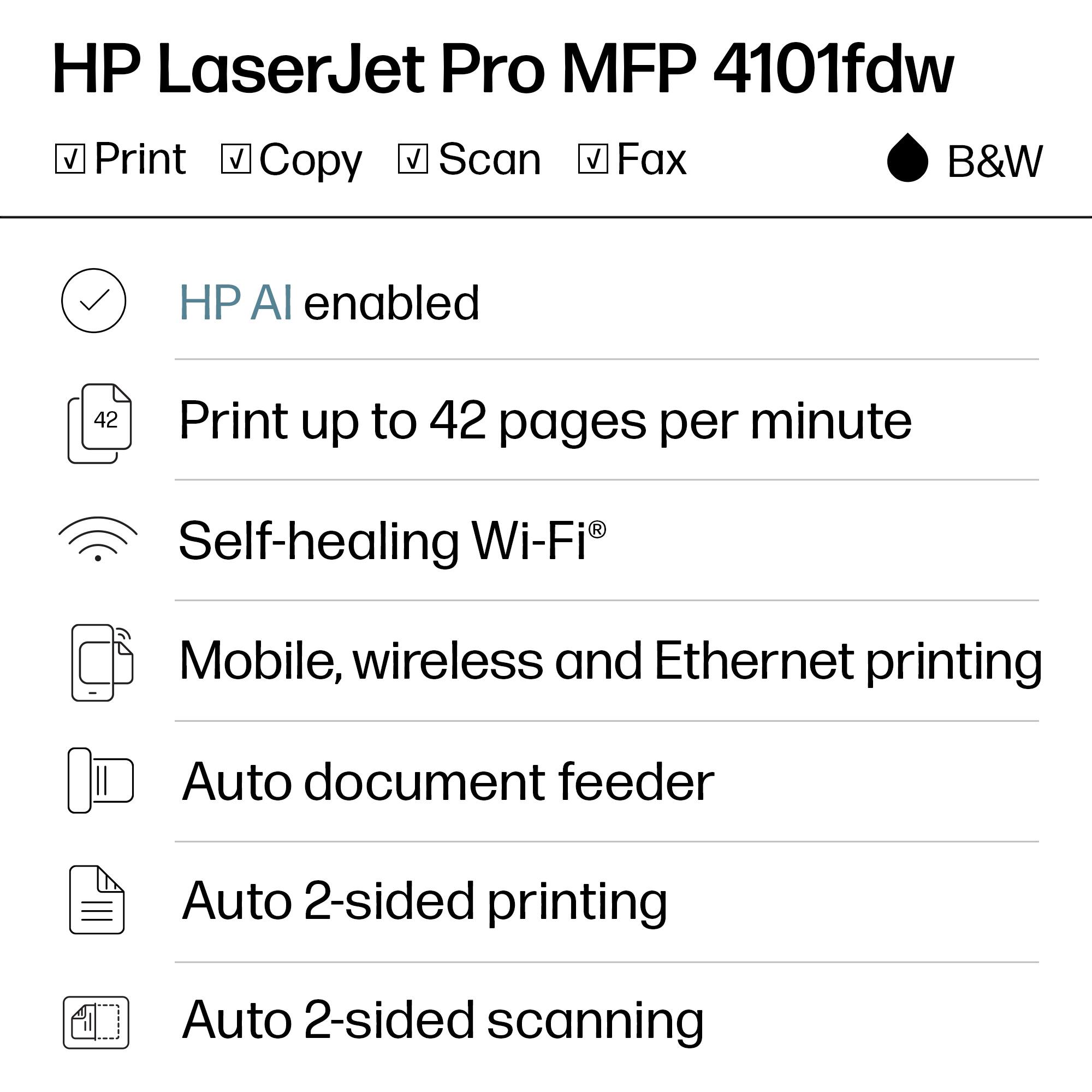 HP LaserJet Pro MFP 4101fdw  
Print, Copy, Scan, Fax  
B&W  

- HP AI enabled  
- Print up to 42 pages per minute  
- Self-healing Wi-Fi®  
- Mobile, wireless and Ethernet printing  
- Auto document feeder  
- Auto 2-sided printing  
- Auto 2-sided scanning