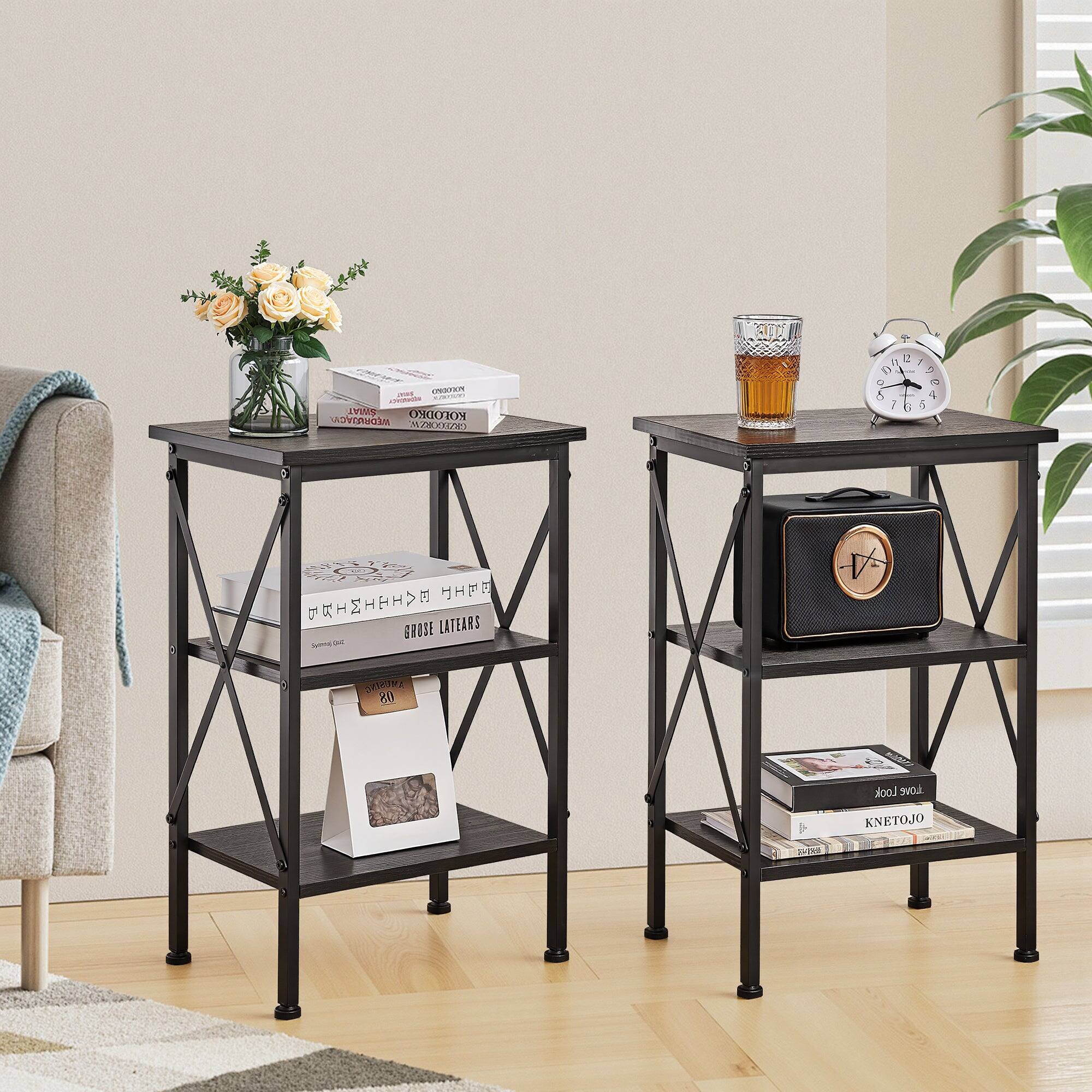 Vecelo - Set of 2 Nightstand with 3-Tier Open Shelves - X-Shape Metal Frame Bedside Table, Small End Table - Black