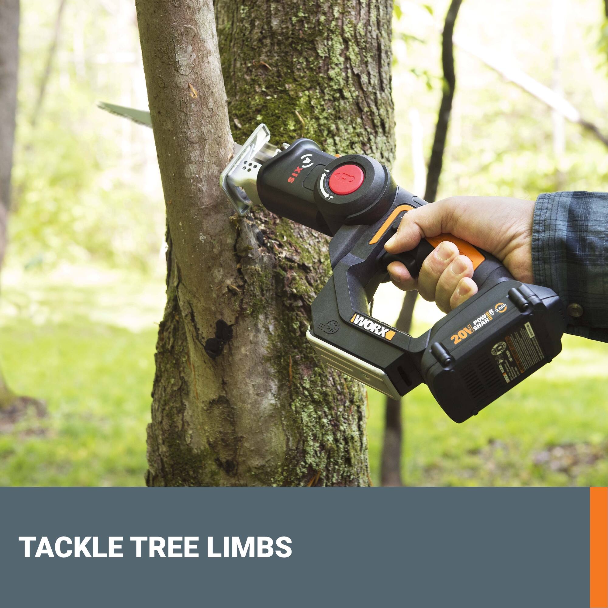 The text on the image is "WORX 3 POW SHAR 20V TACKLE TREE LIMBS."
