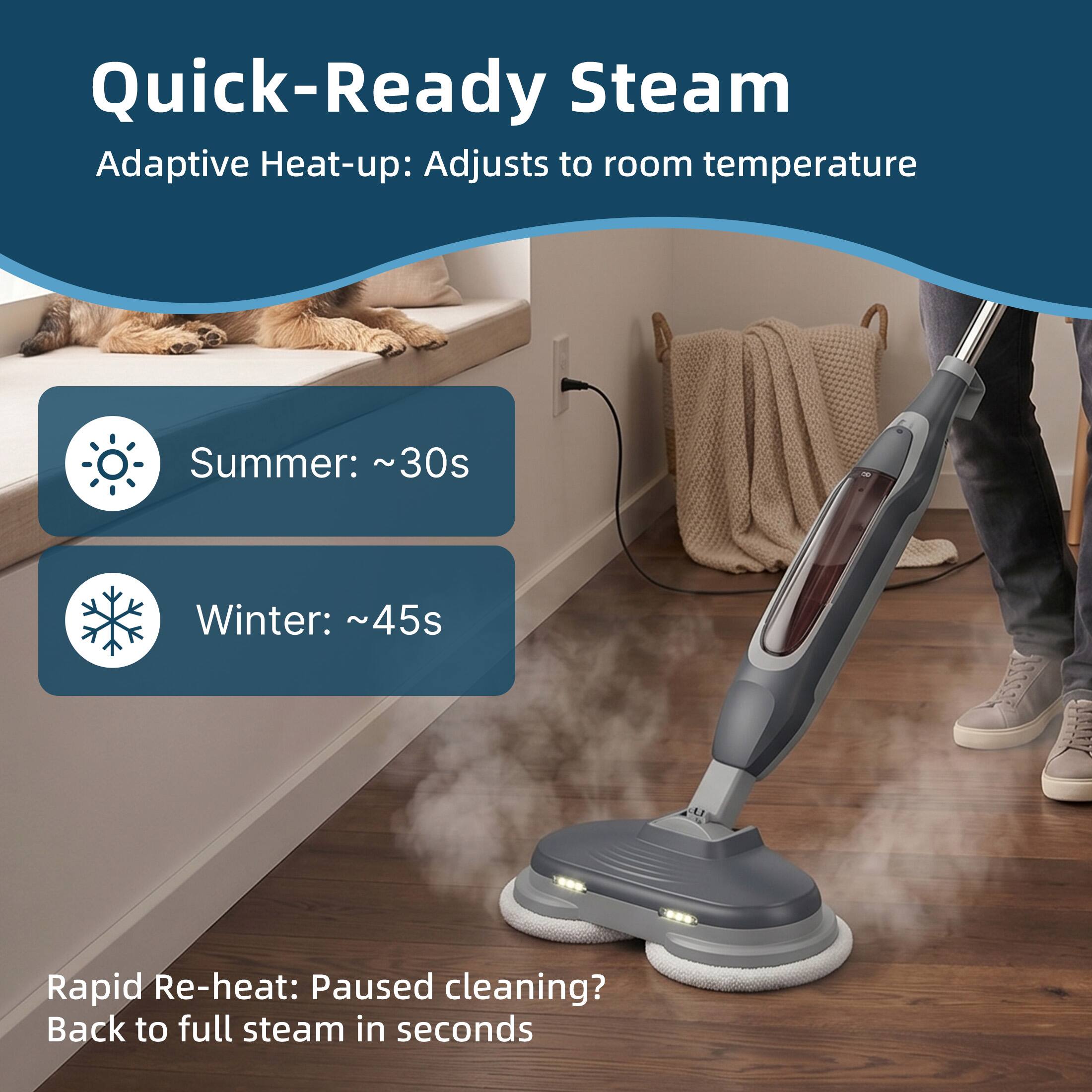 Quick-Ready Steam  
Adaptive Heat-up: Adjusts to room temperature  
Summer: ~30s  
Winter: ~45s  
Rapid Re-heat: Paused cleaning? Back to full steam in seconds