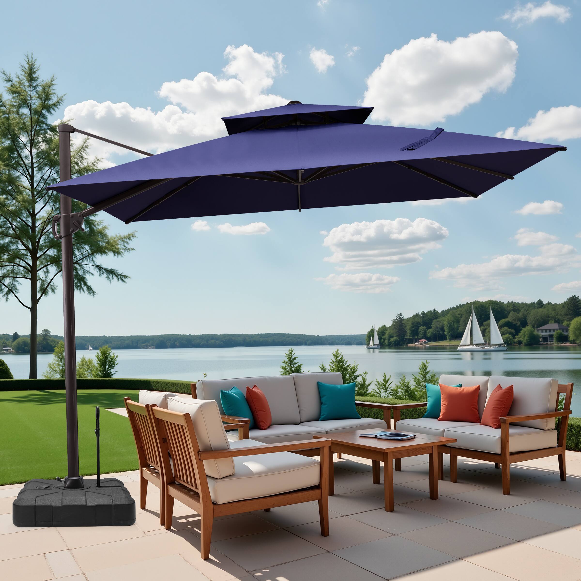 Alt View 1. Crestlive Products - Crestlive Products 11x11ft Aluminum Double Top Crank Cantilever Patio Umbrella with Base - Navy blue.
