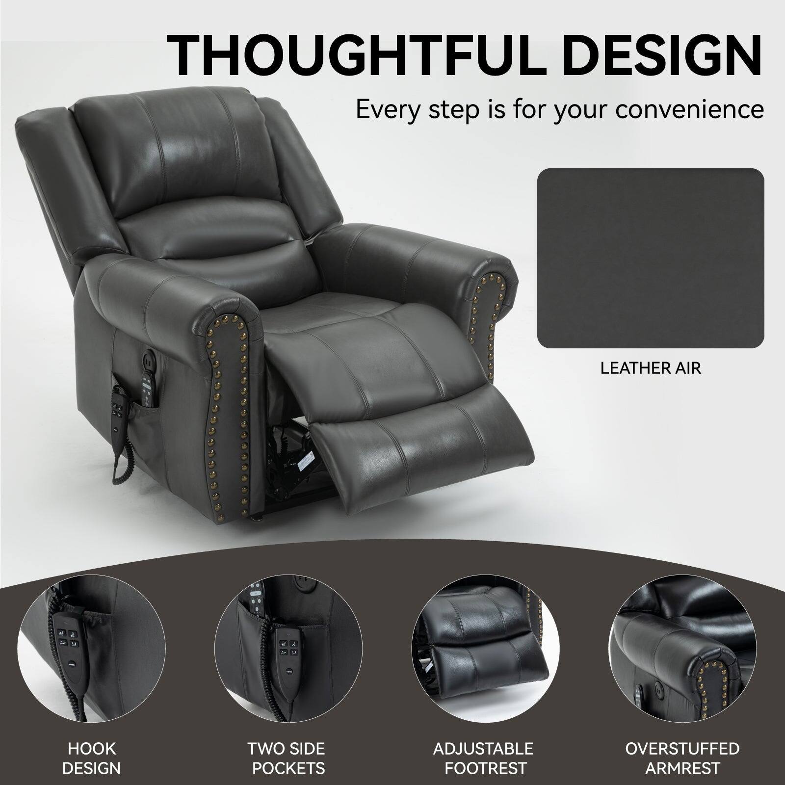 THOUGHTFUL DESIGN
Every step is for your convenience
LEATHER AIR
HOOK DESIGN
TWO SIDE POCKETS
ADJUSTABLE FOOTREST
OVERSTUFFED ARMREST