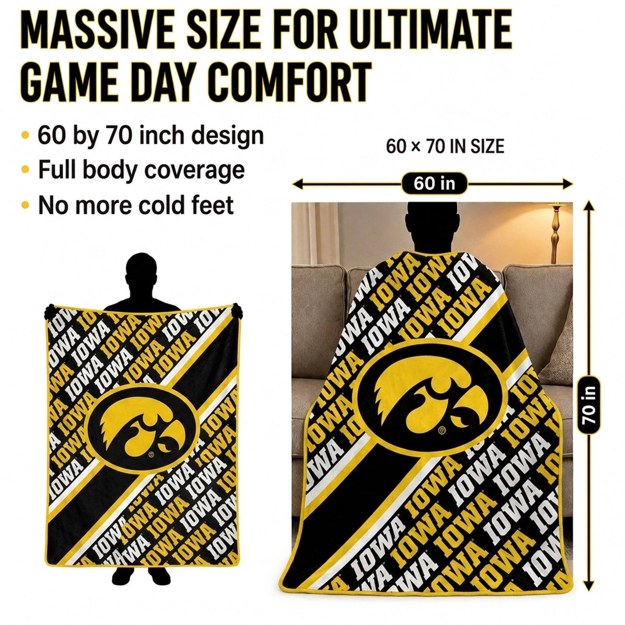 MASSIVE SIZE FOR ULTIMATE GAME DAY COMFORT

- 60 by 70 inch design
- Full body coverage
- No more cold feet

60 × 70 IN SIZE

60 in

70 in