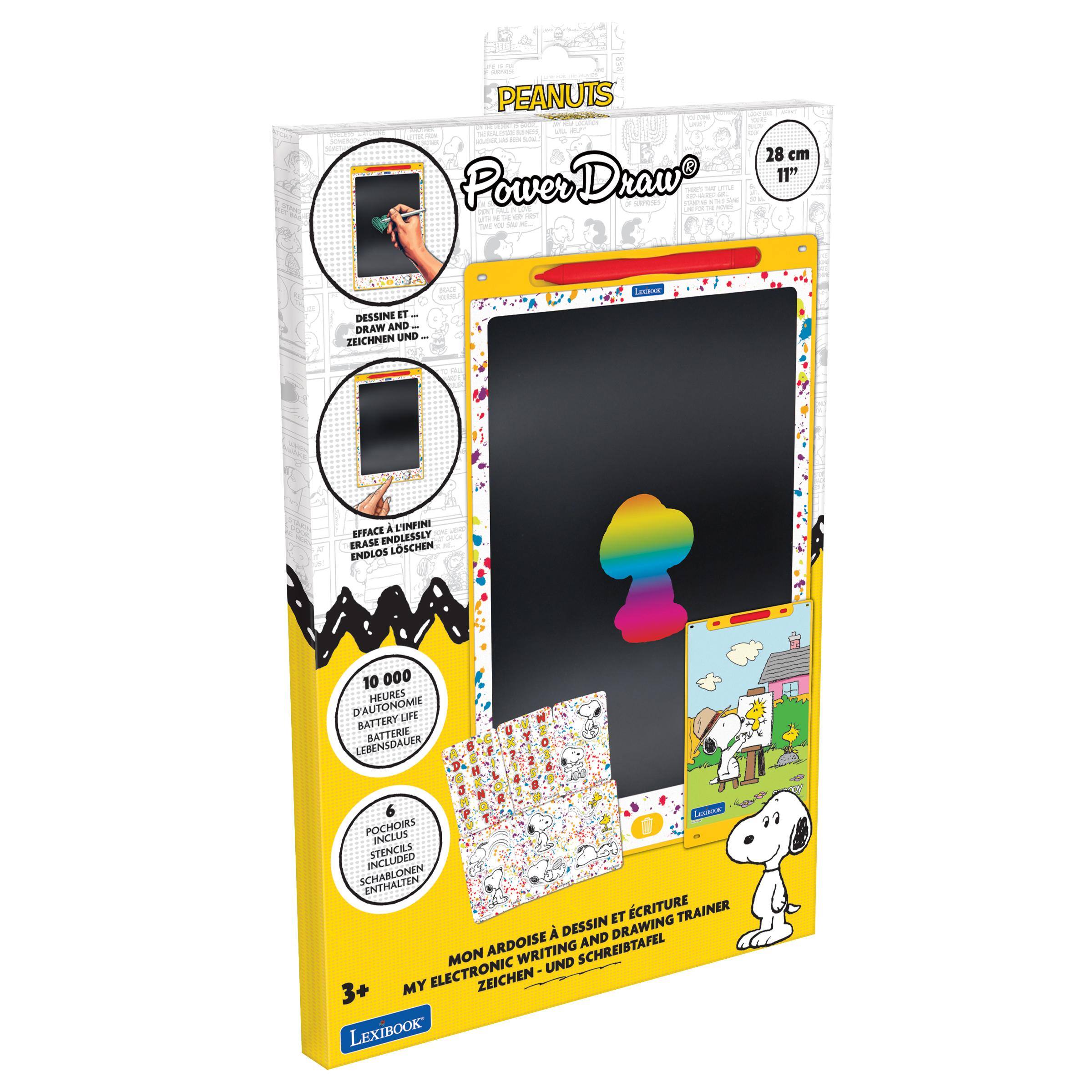 - PEANUTS
- Power Draw
- 28 cm 11"
- DESSINE ET DRAW AND ZEICHNEN UND
- ENDLESSLY ENDLOS
- 10 000 HEURES D'AUTONOMIE BATTERY LIFE
- POCHOIRS STENCILS INCLUDED
- MON ARDOISE ELECTRONIC WRITING AND DRAWING TRAINER
- 3+ MY ELECTRONIC WRITING AND DRAWING TRAINER
- LexiBook