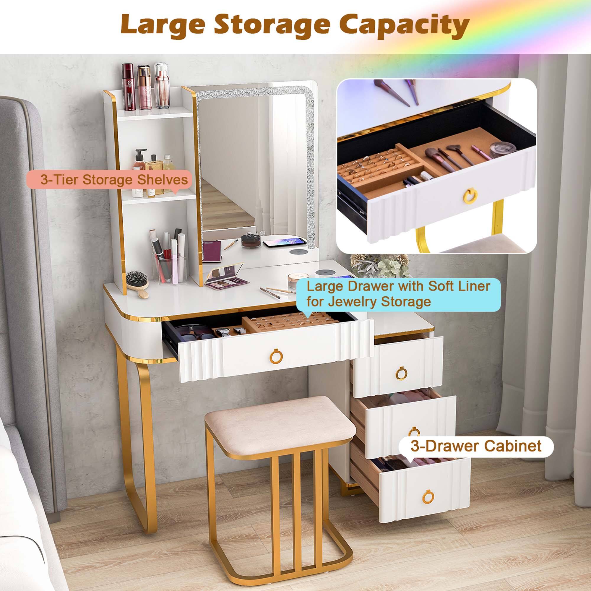 Large Storage Capacity 3-Tier Storage Shelves & Large Drawer with Soft Liner for Jewelry Storage 3-Drawer Cabinet