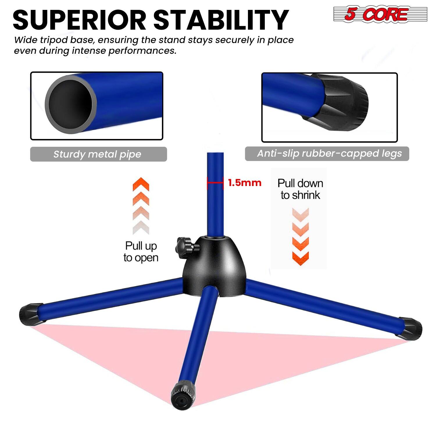 SUPERIOR STABILITY
Wide tripod base, ensuring the stand stays securely in place even during intense performances.

5 CORE
Sturdy metal pipe
Anti-slip rubber-capped legs
1.5mm
Pull down to shrink
Pull up to open