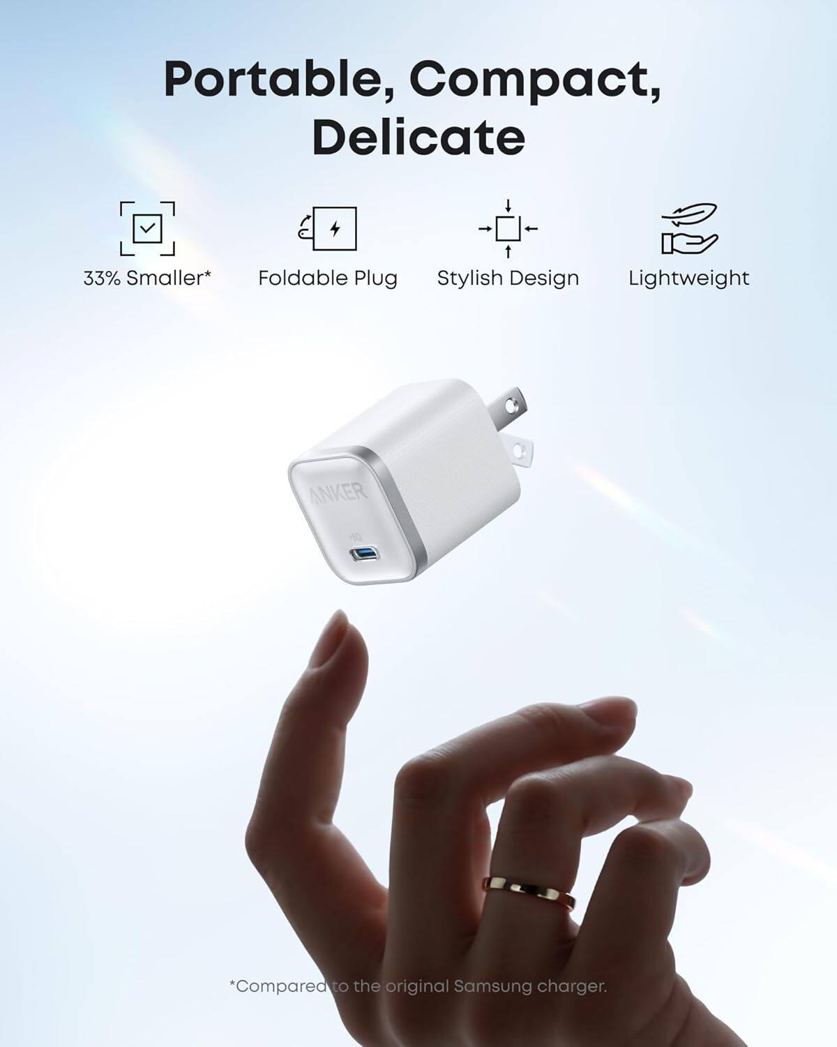 Portable, Compact, Delicate
33% Smaller*
Foldable Plug
Stylish Design
Lightweight
*Compared to the original Samsung charger.