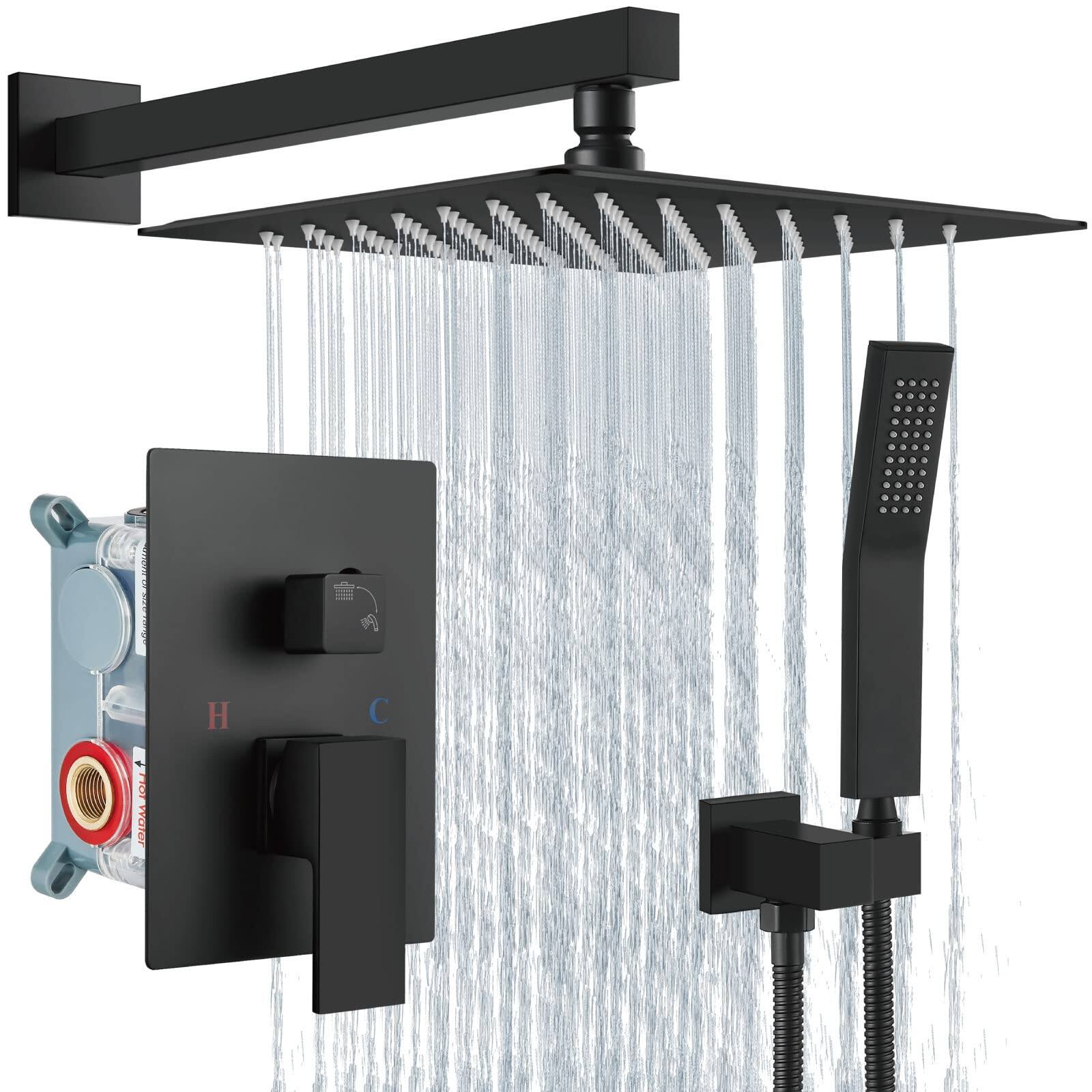 Paradigms Interiors - Shower Faucet Set Rain System With Handheld Spray Bathroom Combo Rough in Valve And Trim Kit Included Wall - Matte Black-8 Inch Wall Mount Shower Head