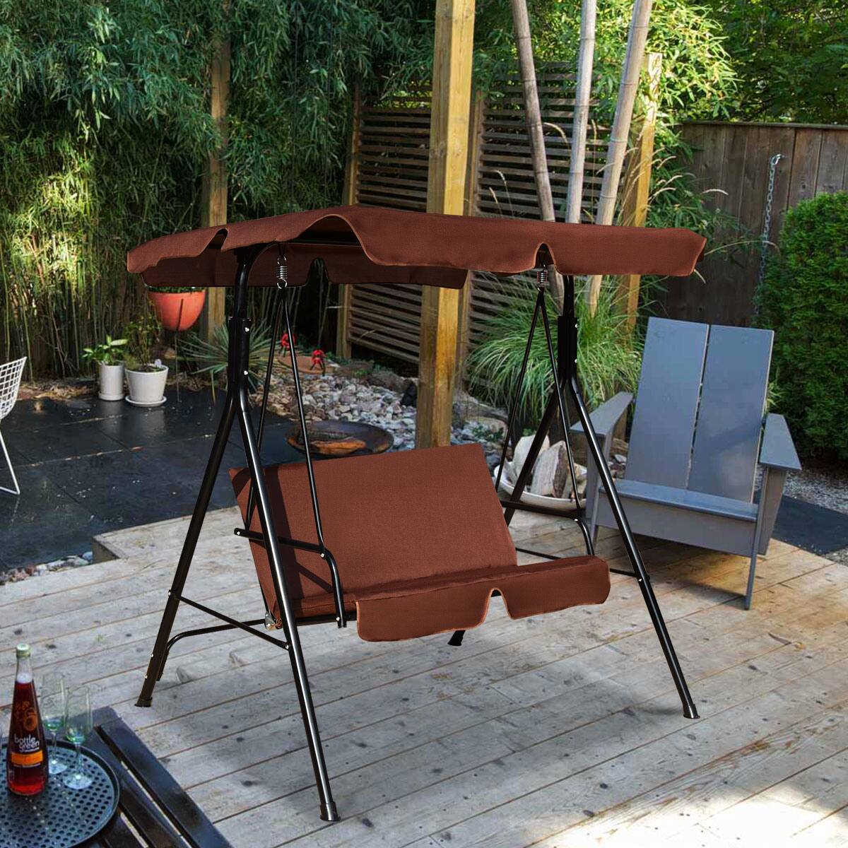 Alt View 3. Costway - Costway Loveseat Patio Canopy Swing Glider Hammock Cushioned Steel Frame Outdoor - Coffee.