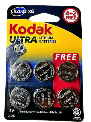 CR2032 x6
Kodak ULTRA LITHIUM BATTERIES
4+2 FREE
3V
Lithium Battery • Pile Lithium • Pila de Litio
2025
DANGER if swallowed