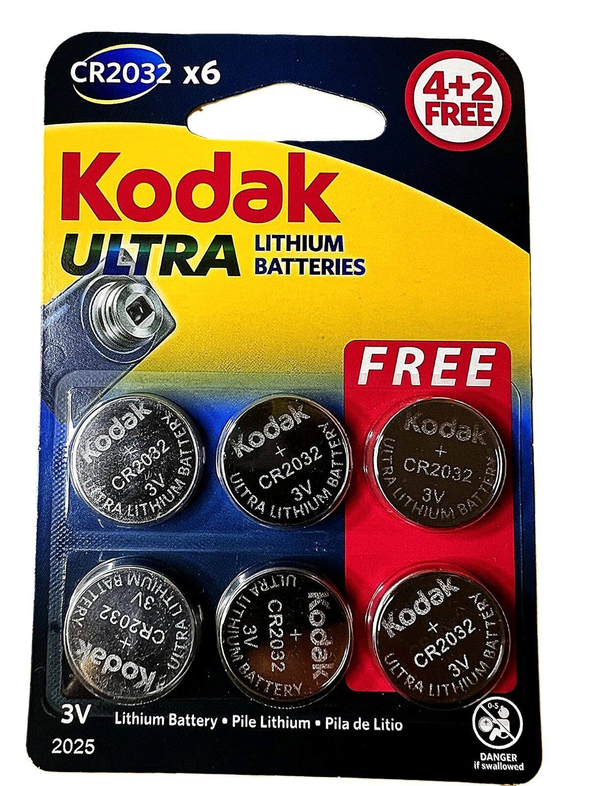 CR2032 x6  
Kodak ULTRA LITHIUM BATTERIES  
4+2 FREE  

3V  
Lithium Battery • Pile Lithium • Pila de Litio  
2025  

DANGER if swallowed