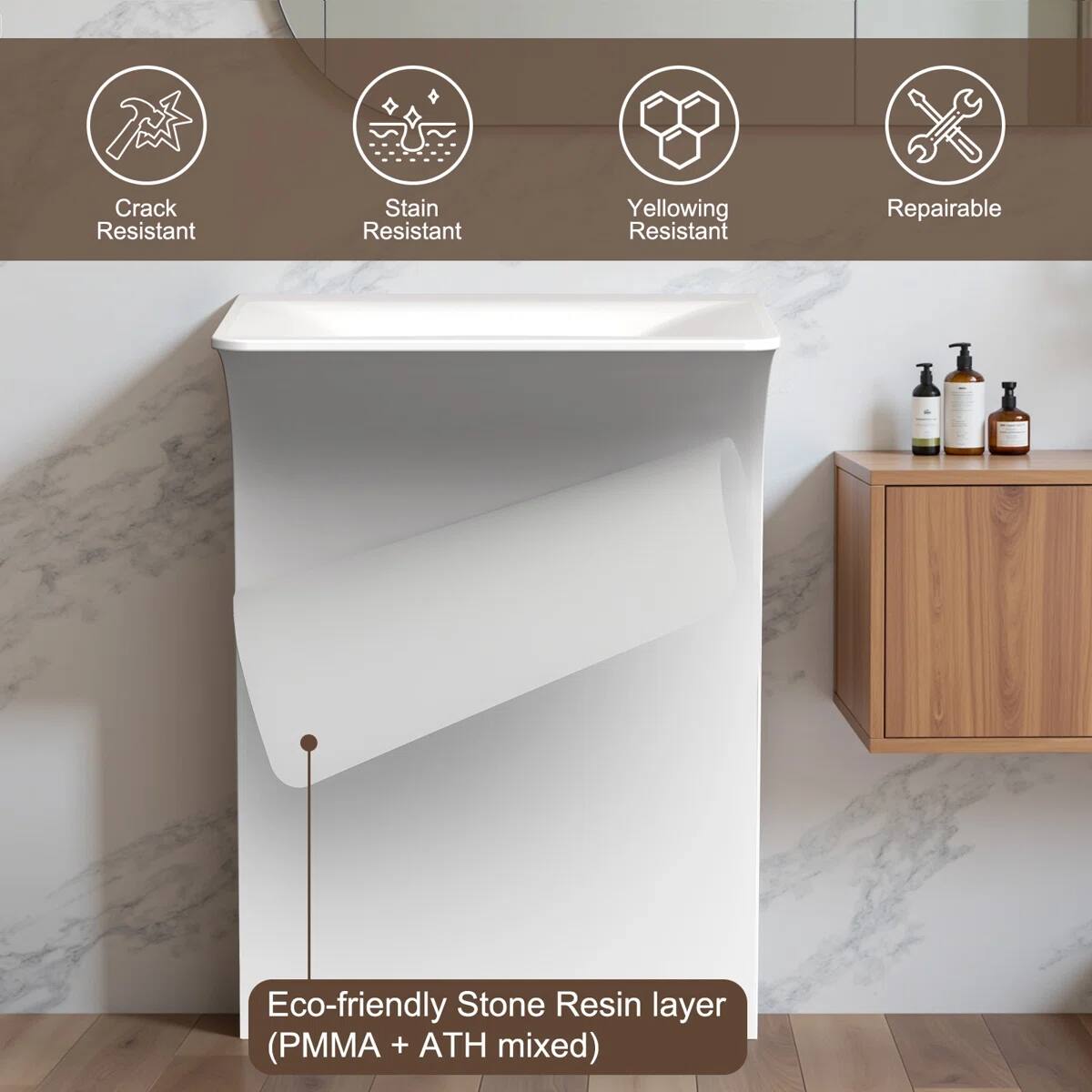 Crack Resistant  
Stain Resistant  
Yellowing Resistant  
Repairable  

Eco-friendly Stone Resin layer (PMMA + ATH mixed)