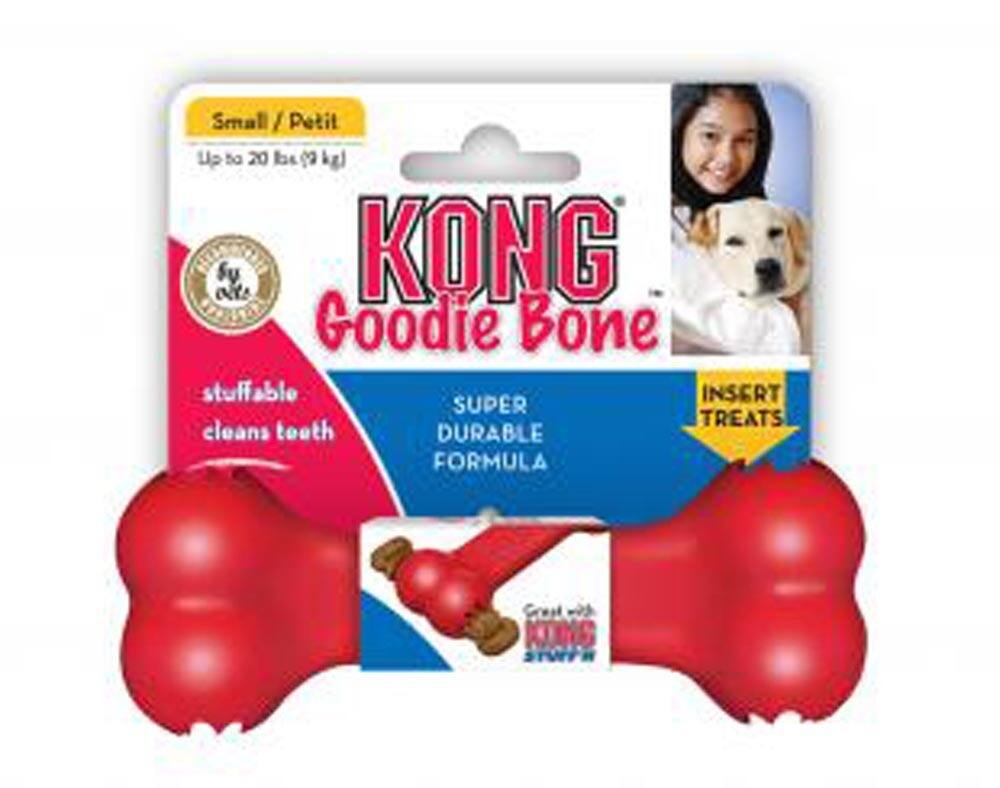 Small / Petit  
Up to 20 lbs (9 kg)  
KONG Goodie Bone  
Stuffable  
Cleans teeth  
SUPER DURABLE FORMULA  
INSERT TREATS  
Great with KONG STUFF 'N'
