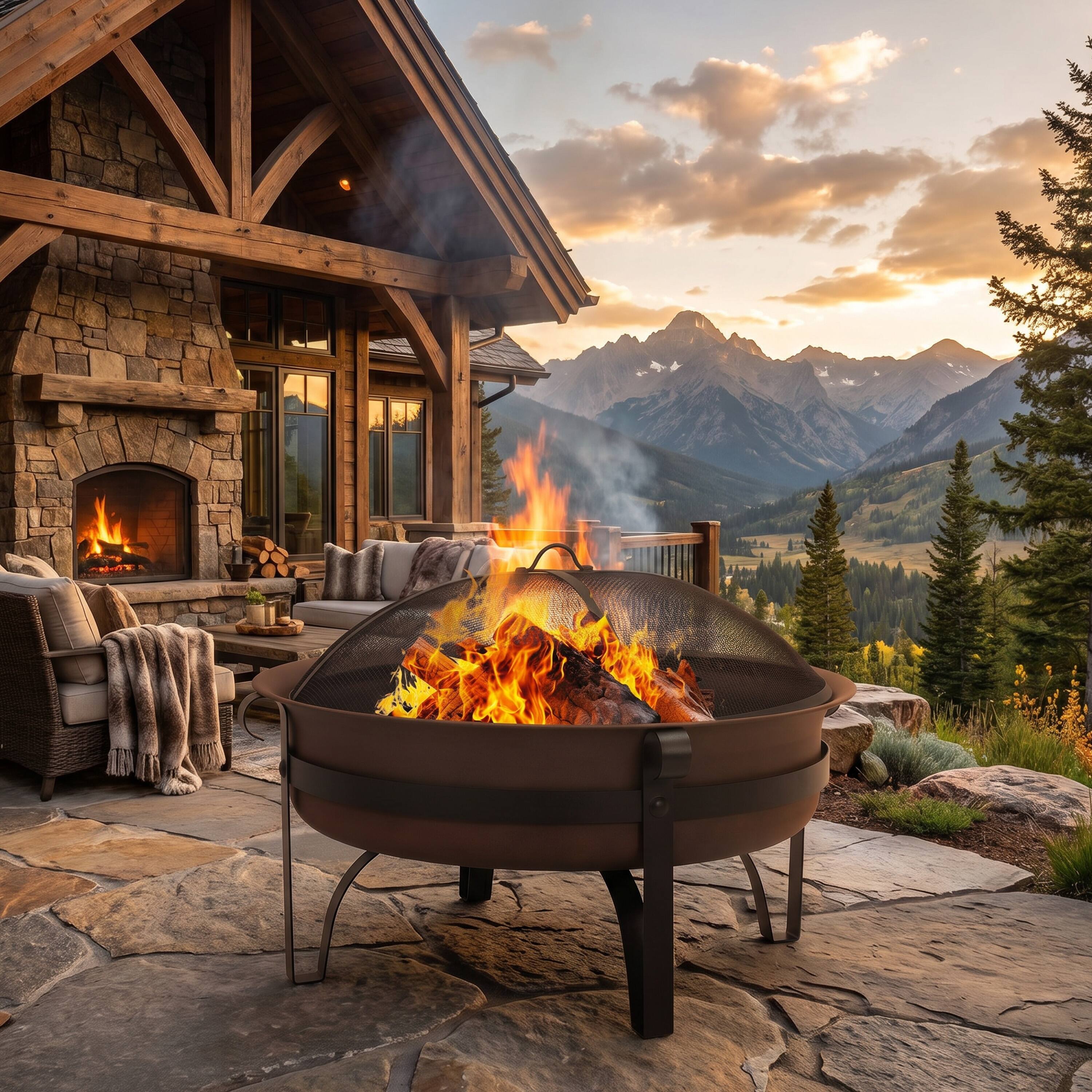 Alt View 1. Sunnydaze - 34 in Cauldron Style Steel Fire Pit with Spark Screen - Dark Bronze.