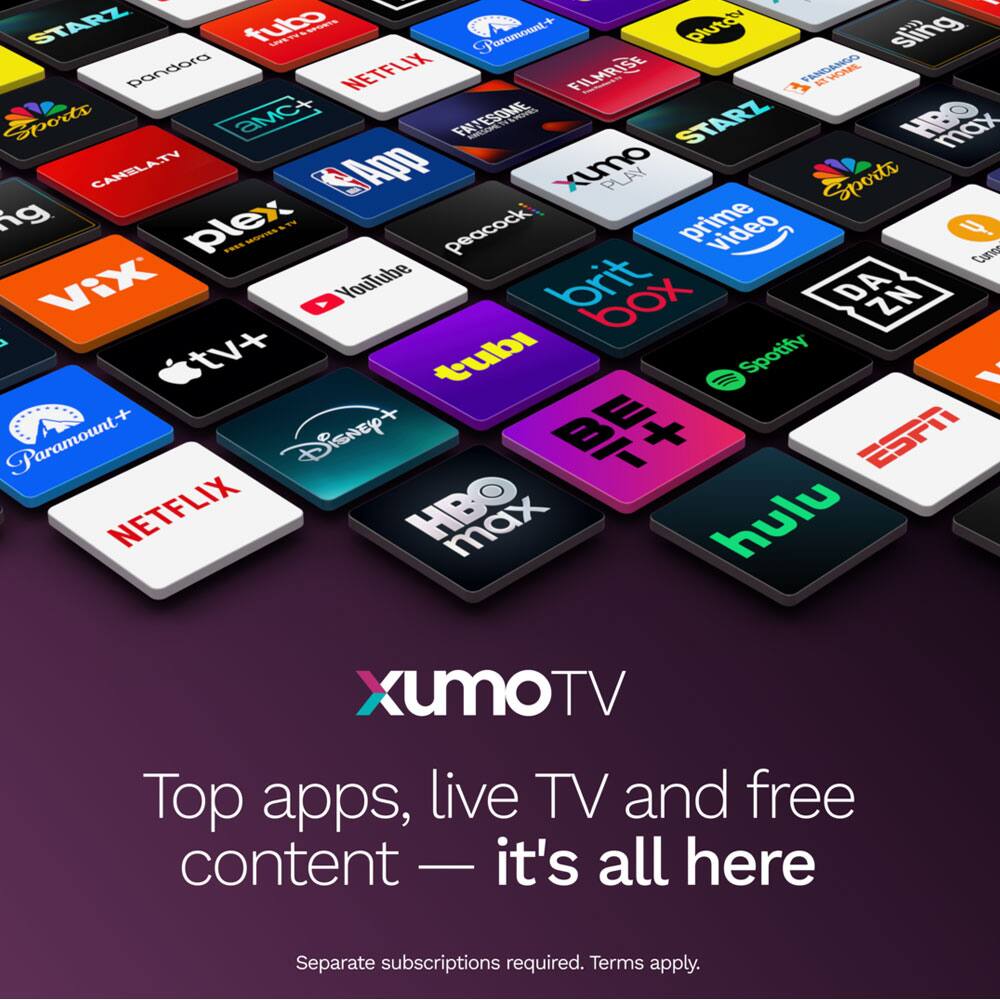 STARZ, fubo, Paramount+, Pluto TV, sling, pandora, NETFLIX, FILMRISE, ATRONL, 1 Sports, AMC+, FAITESHOME, addds, STARZ, HBO MAX, CANTLATY, Ap, xumo, PLAY, Sports, g plex, uDES, 6T, peacock, prime video, Vix, YouTube, brit box, DA ZN, tv+, tubi, 1, Spotify, Paramount+, Disney+, ESPN, NETFLIX, max, hulu, XUMOTV

Top apps, live TV and free content — it's all here

Separate subscriptions required. Terms apply.