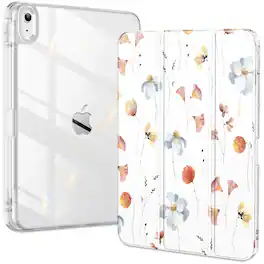 DTTO - Case for iPad (A16)/10th Gen (2025/2022), clear hard back, soft TPU frame, slim trifold stand, auto wake/sleep - Simple Flowers