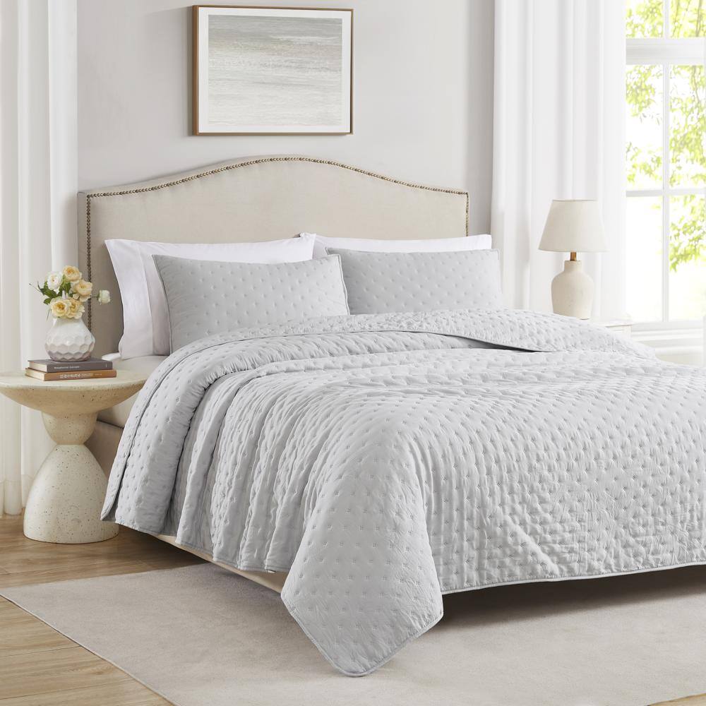 Alt View 1. RT Designers Collection - RT Designers Collection Cayla 3 Pieces Washed Pinsonic Lightweight Quilts Set King Size For Bedding Silver - Silver.