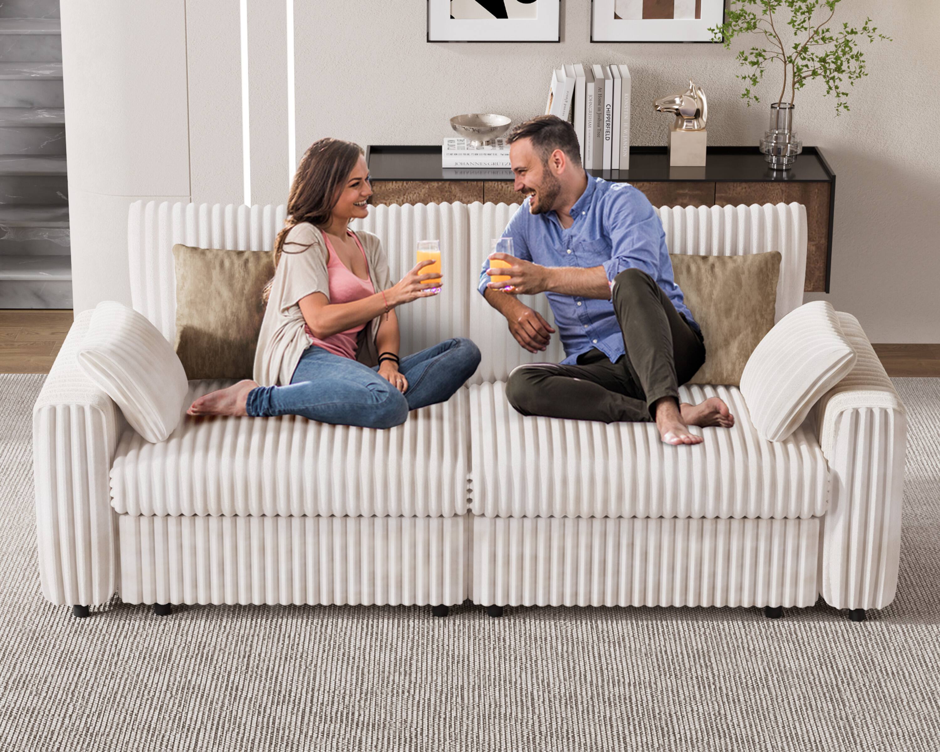 Vipbear - 93.5" Modern Oversized Modular Sectional Sofa Plush Corduroy Fabric, Sectional Couch with Deep Seat, Tool-Free Assembly - White - Thumbnail 3