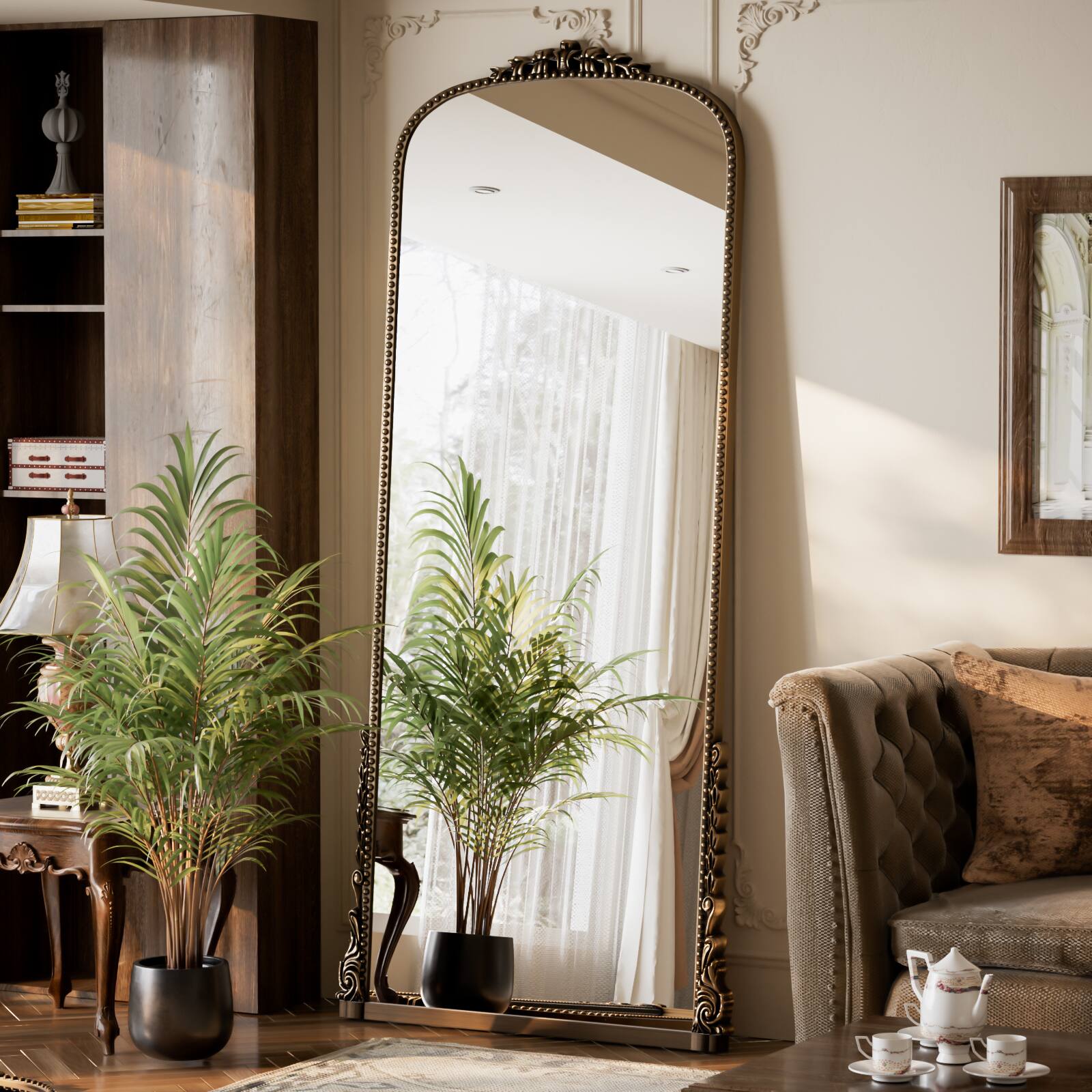 Angle. Easly - Antique Bronze 28 in. W x 69 in. H Carved Arched PU Frame Full Length Floor Mirror - Antique Bronze.